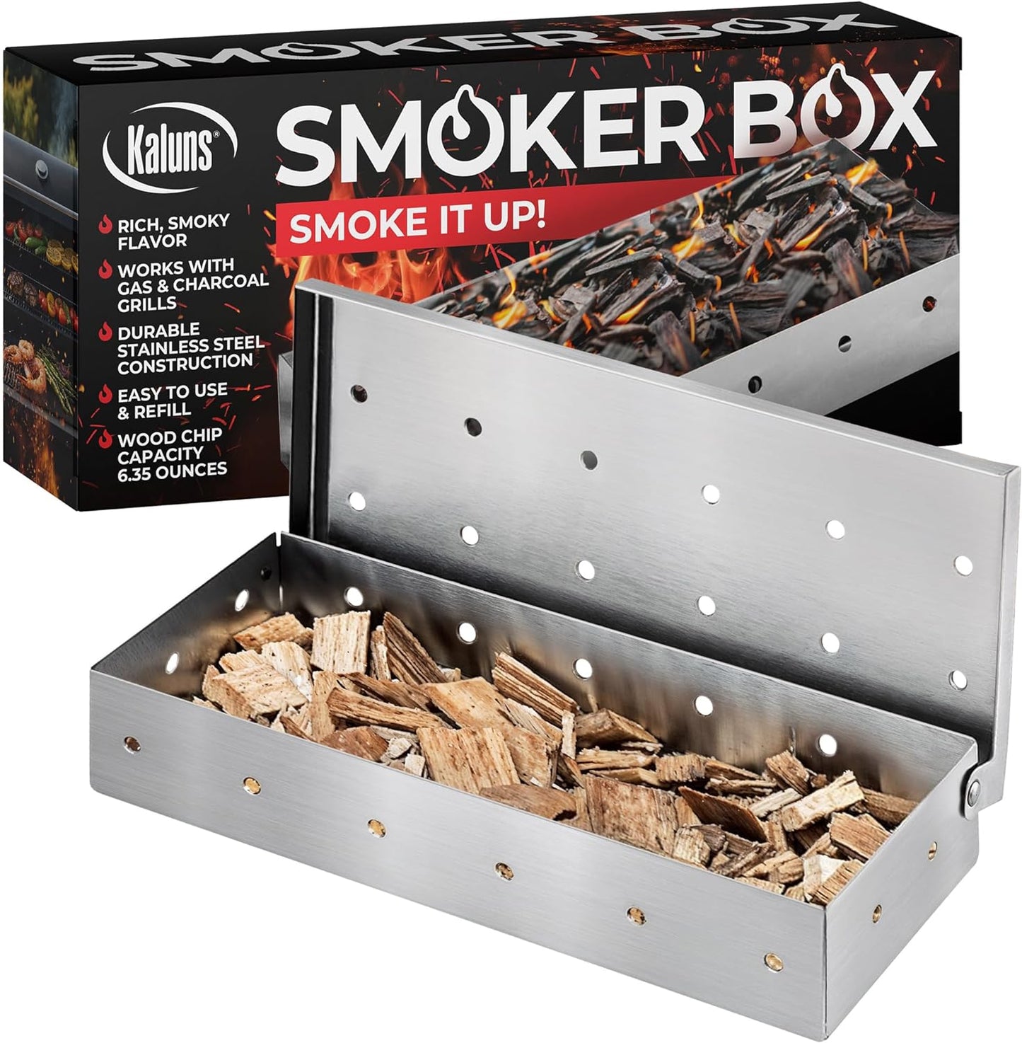 Kaluns Universal Stainless Steel Smoker Box, Gas or Charcoal Grill Smoke Box, Works with Wood Chips, add Delicious Smoked Flavor, Hinged Lid,Warp Free Grill Accessories