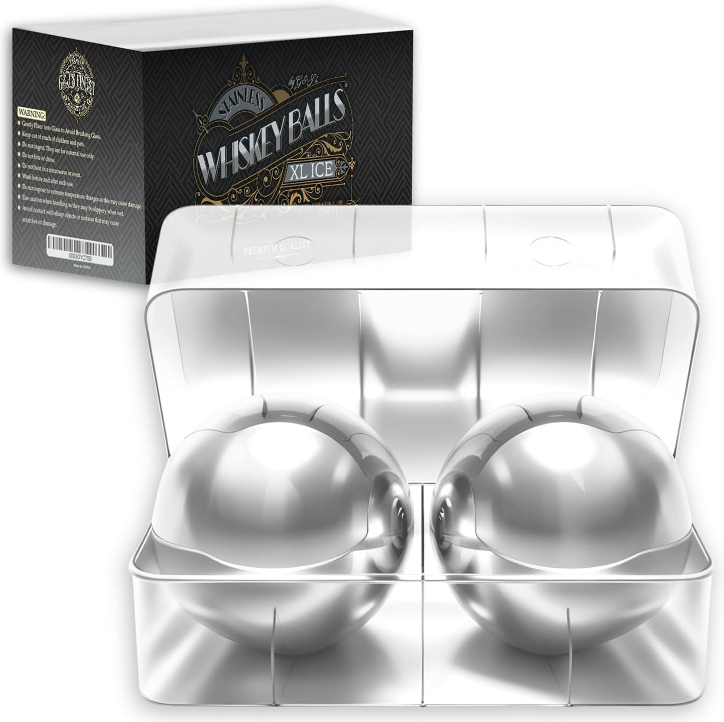2 Premium XXL 55mm Stainless Steel Ice Whiskey Balls with Freezer Tray-Whiskey Rocks Chilling Stones, Whiskey Stone Ice Cube Balls, Round Chilling Spheres (Not Solid Steel)