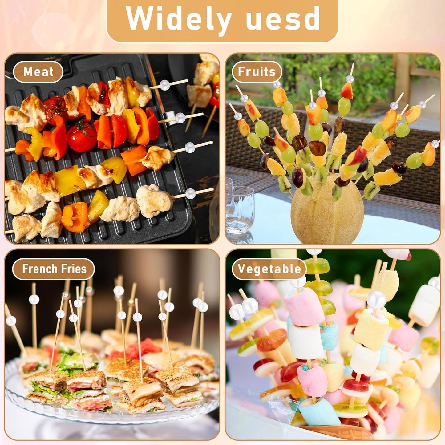 100 Pcs 6 Inch Long Cocktail Picks Fancy Toothpicks for Appetizer Bamboo Cocktail Sticks for Fruit Drink Dessert Barbecue Charcuterie Pearl Skewers for Wedding Birthday Baby Shower Party (White)