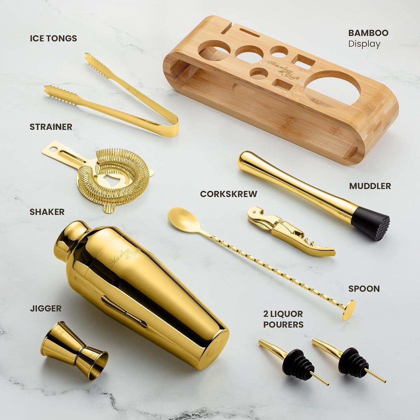 Mixology & Craft Cocktail Shaker Set with Bamboo Stand - Professional 18oz 10-Piece Bartender Kit, Complete Bar Set for Home Use with Jigger, Muddler, Strainer, Spoon, Pourers & Corkscrew (Gold)