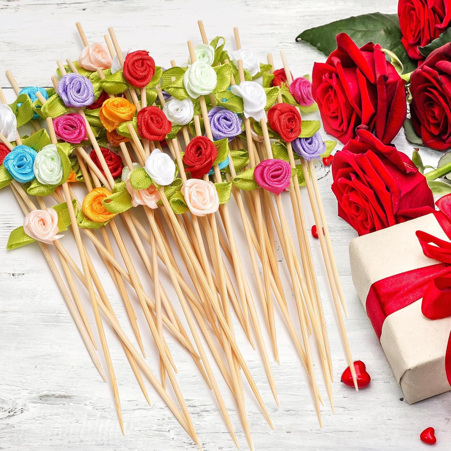 Minisland Multicolor Rose Flower Cocktail Picks, 4.7 Inch Long Bamboo Fancy Toothpicks for Appetizers, Bridal Shower Wedding Valentines Party Food Drinks Garnish Fruit Skewer Sticks 100 Counts -MSL129
