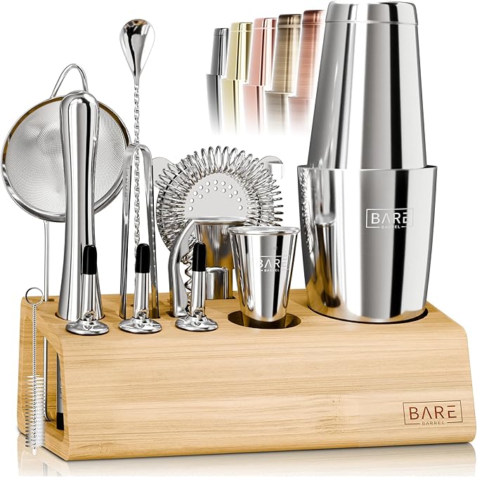 BARE BARREL® Mixology Bartender Kit Bar Set | 14-Piece Cocktail Shaker Set | Martini Barware Mixing Tools for Home Bartending | Incl. 35 Recipe Cards | Gift Set (28oz Boston Shaker, Silver/Black) - Silver/Natural