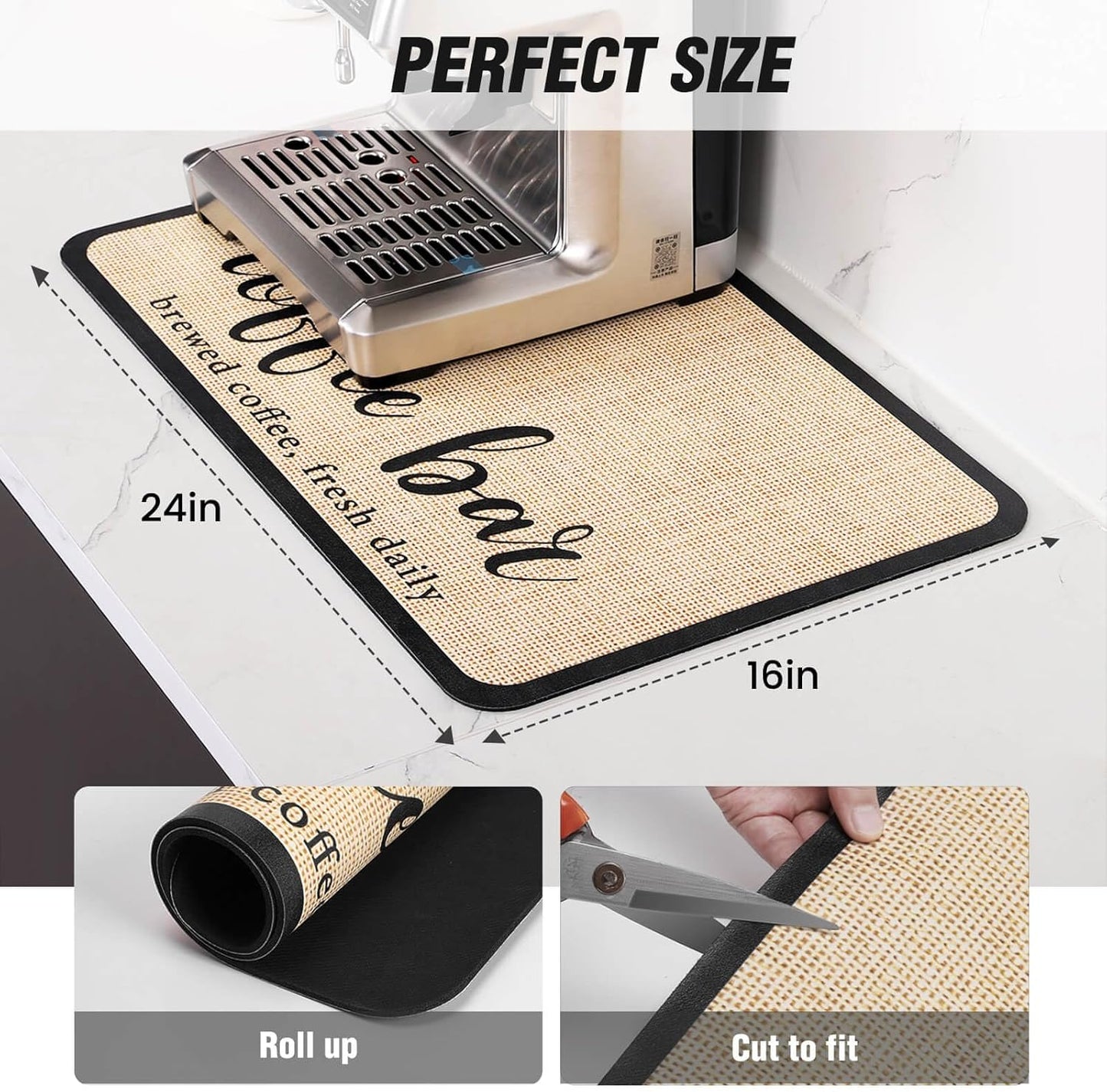 DK177 Coffee Mat - Dish Drying Mat for Kitchen Counter, Hide Stain, Absorbent with Waterproof Rubber Backing, Fit Kitchen Dish Rack Bar Accessories (Coffee Bar, 24" x 16")