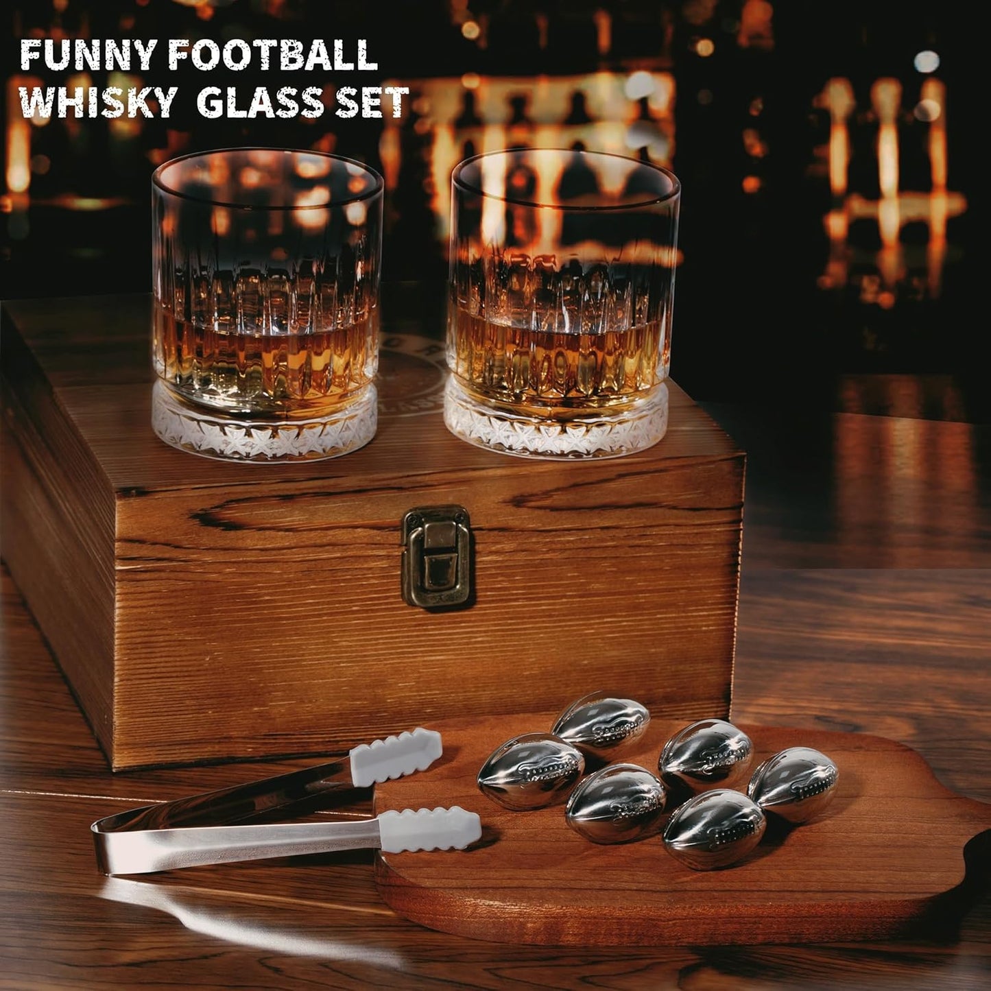 Whiskey Glasses Gift Set – 2 Old Fashioned Glasses with 6 Stainless Steel Football Whiskey Stones, Premium Barware Set, Unique Gift Ideas for Men Him Dad Husband Sports Fan