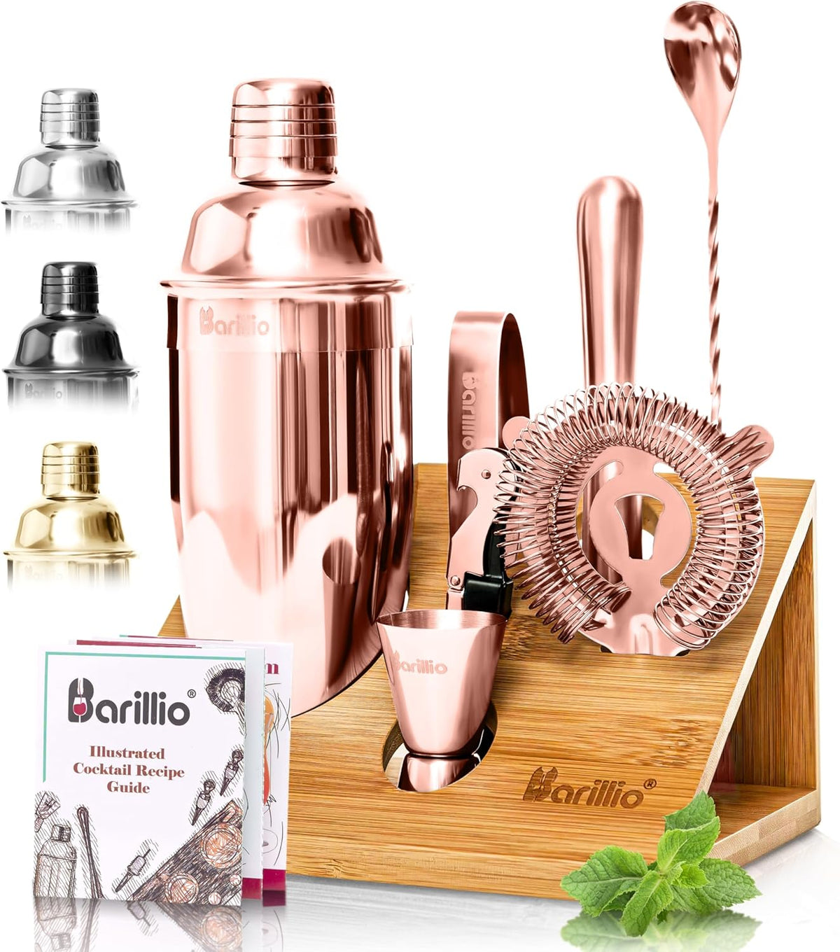 Barillio Bartender Kit - Stainless-Steel Cocktail Shaker Set with Bamboo Stand - Mixology Bar Tools w/Shaker, Drink Mixer Spoon & Muddler for Cocktails - Home Bar Accessories - 10-Pc Bar Set - Silver - Rose
