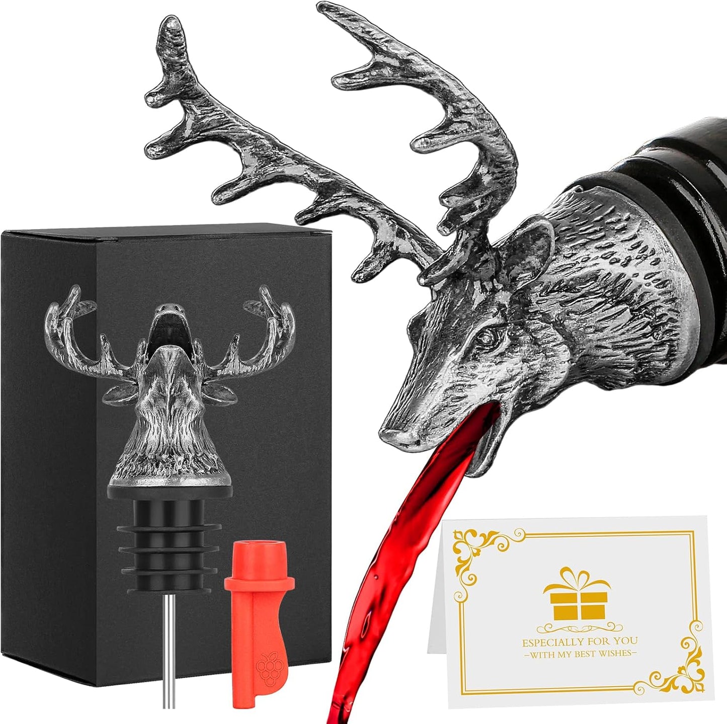 Deer Head Liquor Pourers Spout, Deer Wine Bottle Pourer and Stopper for Wine Spirits, Stag Gifts Birthday Gifts Hunting Gifts for Hunters Men Women, Silver