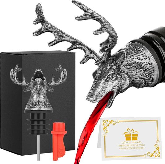 Deer Head Liquor Pourers Spout, Deer Wine Bottle Pourer and Stopper for Wine Spirits, Stag Gifts Birthday Gifts Hunting Gifts for Hunters Men Women, Silver