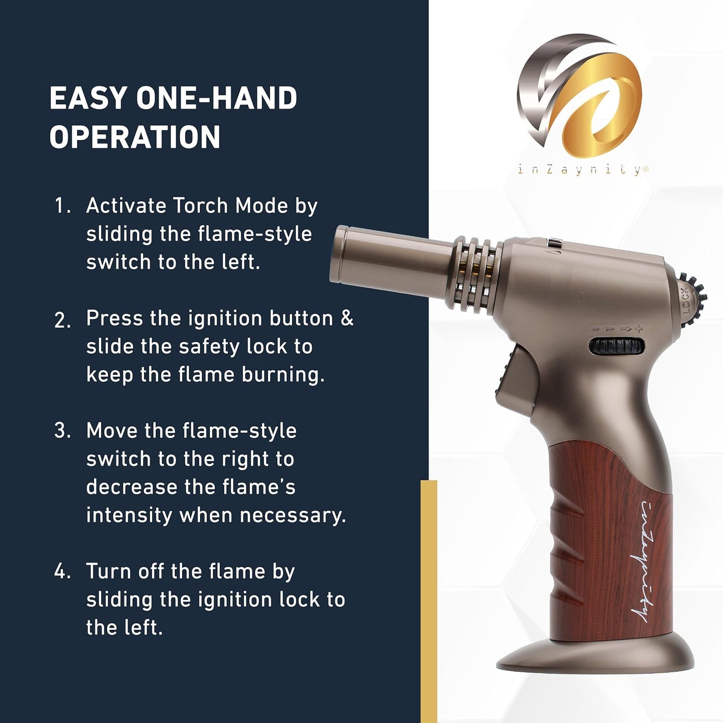 Dual Flame Butane Torch - Refillable Handheld Blow Torch for Cooking, Soldering, & Resin Art w/Adjustable Flame & Ignition Lock - Kitchen Blow Torch & Luxurious Gift Box by inZaynity - Brown Steel