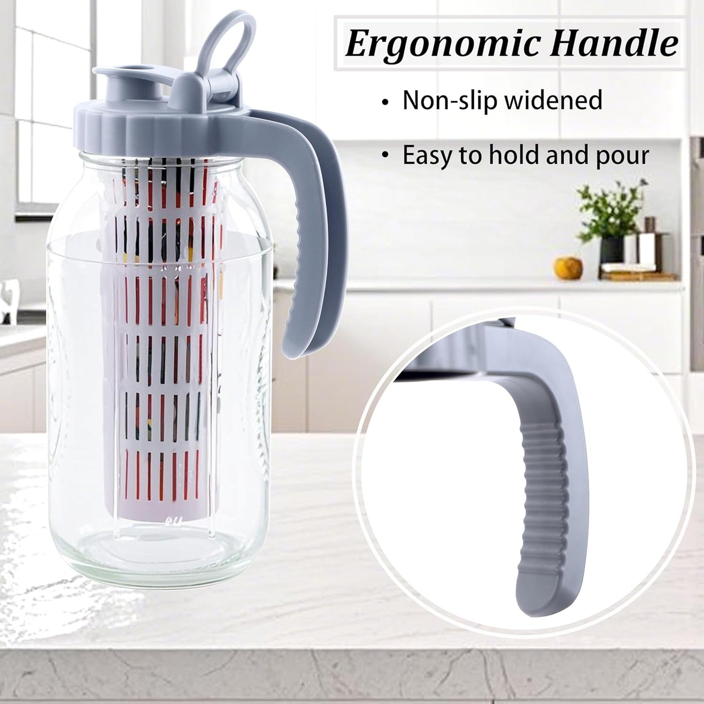 Mason Jar Pitcher With Fruit Infuser 2 Quart Water Pitcher With Pour Spout Lid 64 OZ Wide Mouth Glass Carafe Airtight For Milk, Fruit Infused Water, Iced Tea, Lemonade, Cocktail, Cold Brew Coffee