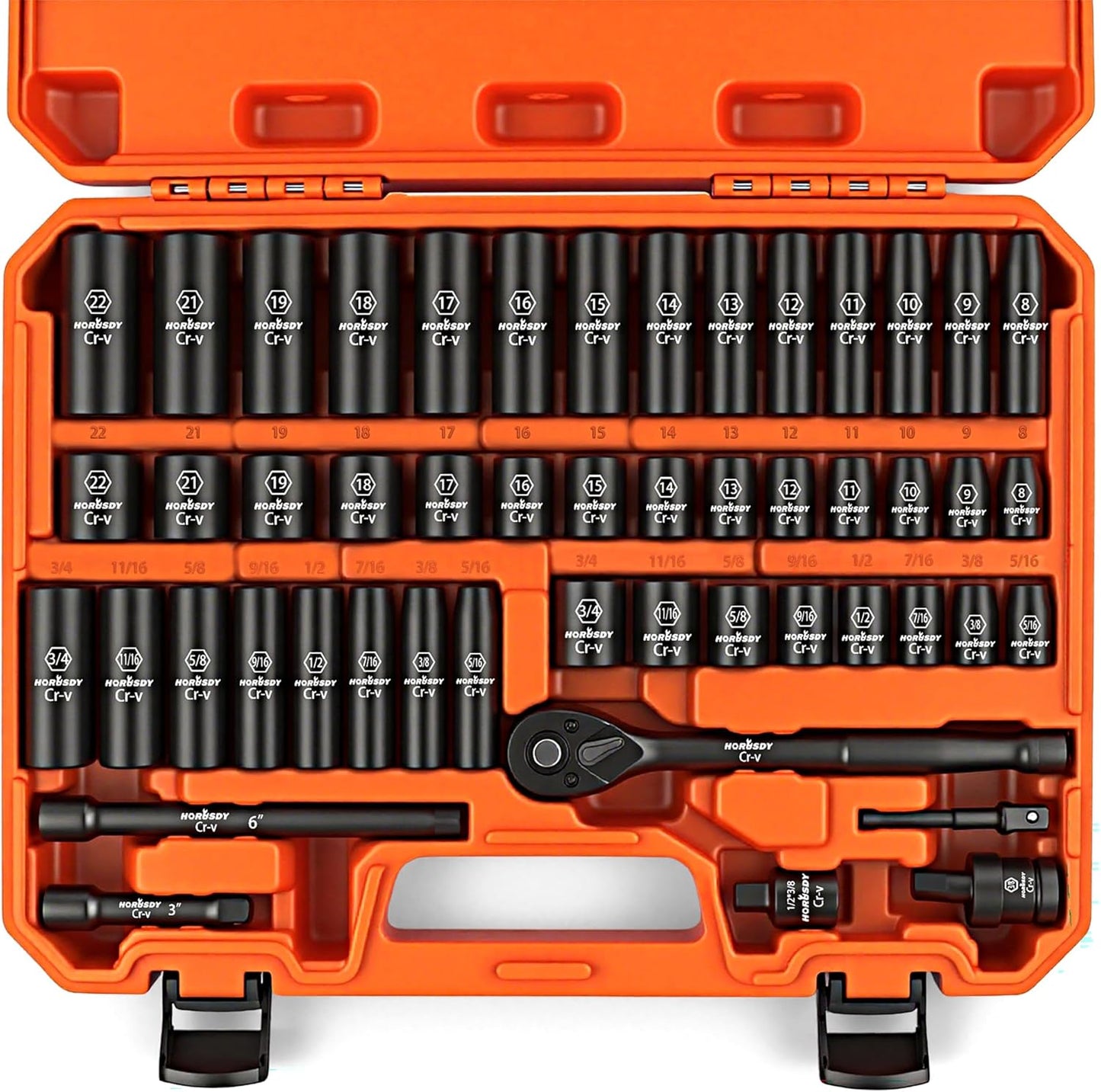 HORUSDY 50-Piece 3/8" Drive Impact Socket Set, Standard SAE (5/16 to 3/4 inch) and Metric (8-22mm) Size, 6 Point, Cr-V, 3/8-Inch Drive Ratchet Wrench, Drive Extension Bar, Impact Universal Joint