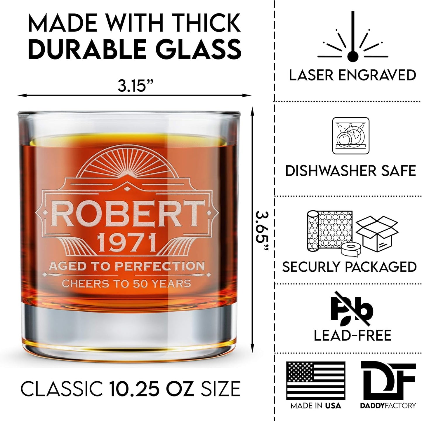DaddyFactory Personalized Whiskey Glass For Men, Customized Engraved Etched Monogram Rocks Cocktail Glass, 10.25 oz Custom Whiskey Gift Glass Birthday Gift For Him, Aged To Perfection