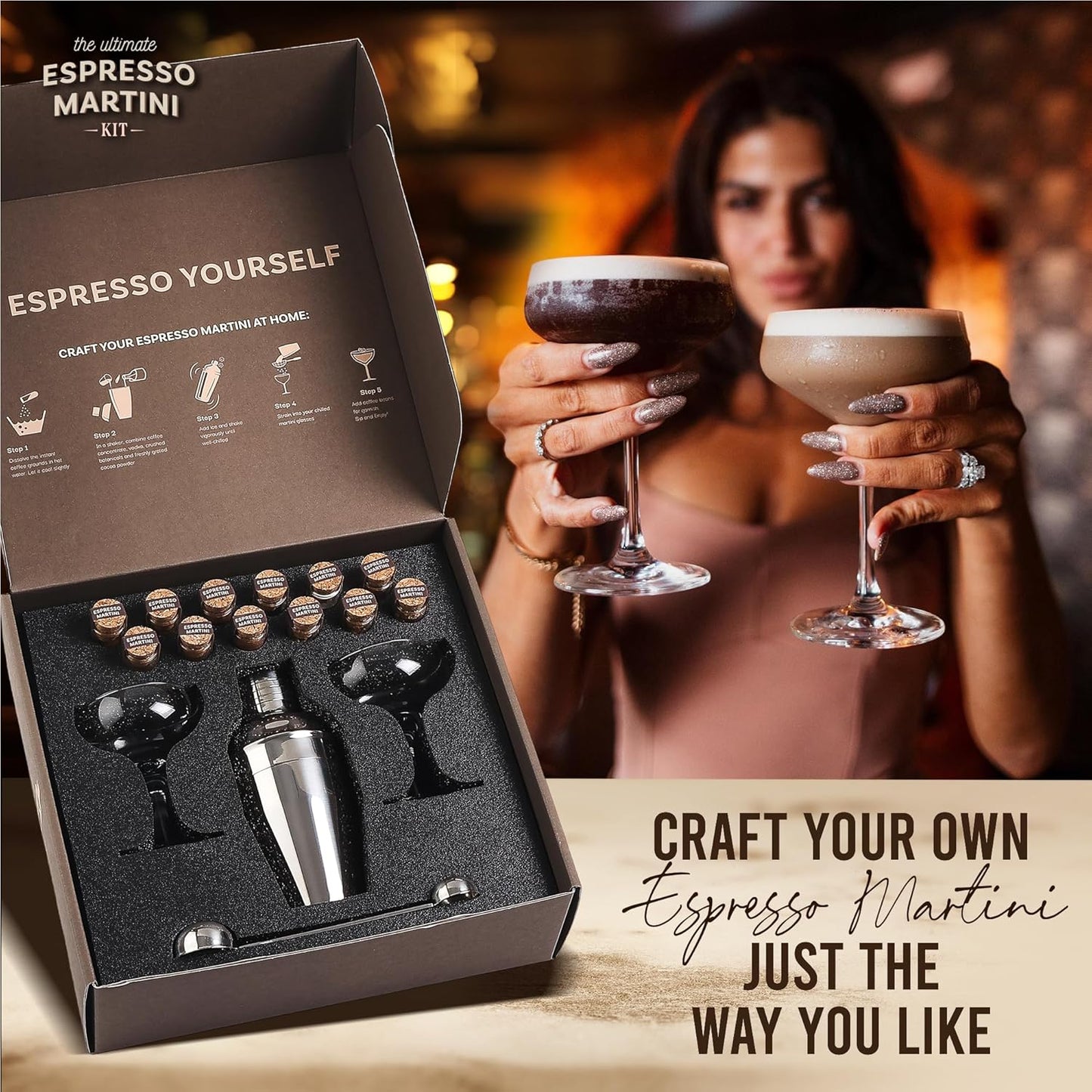 Espresso Martini Gifts– Premium Cocktail Kit - Espresso Martini Kit Maker Set with Glasses, Party-Ready Accessories, Birthday Gifts for Women, Gifts for Mom