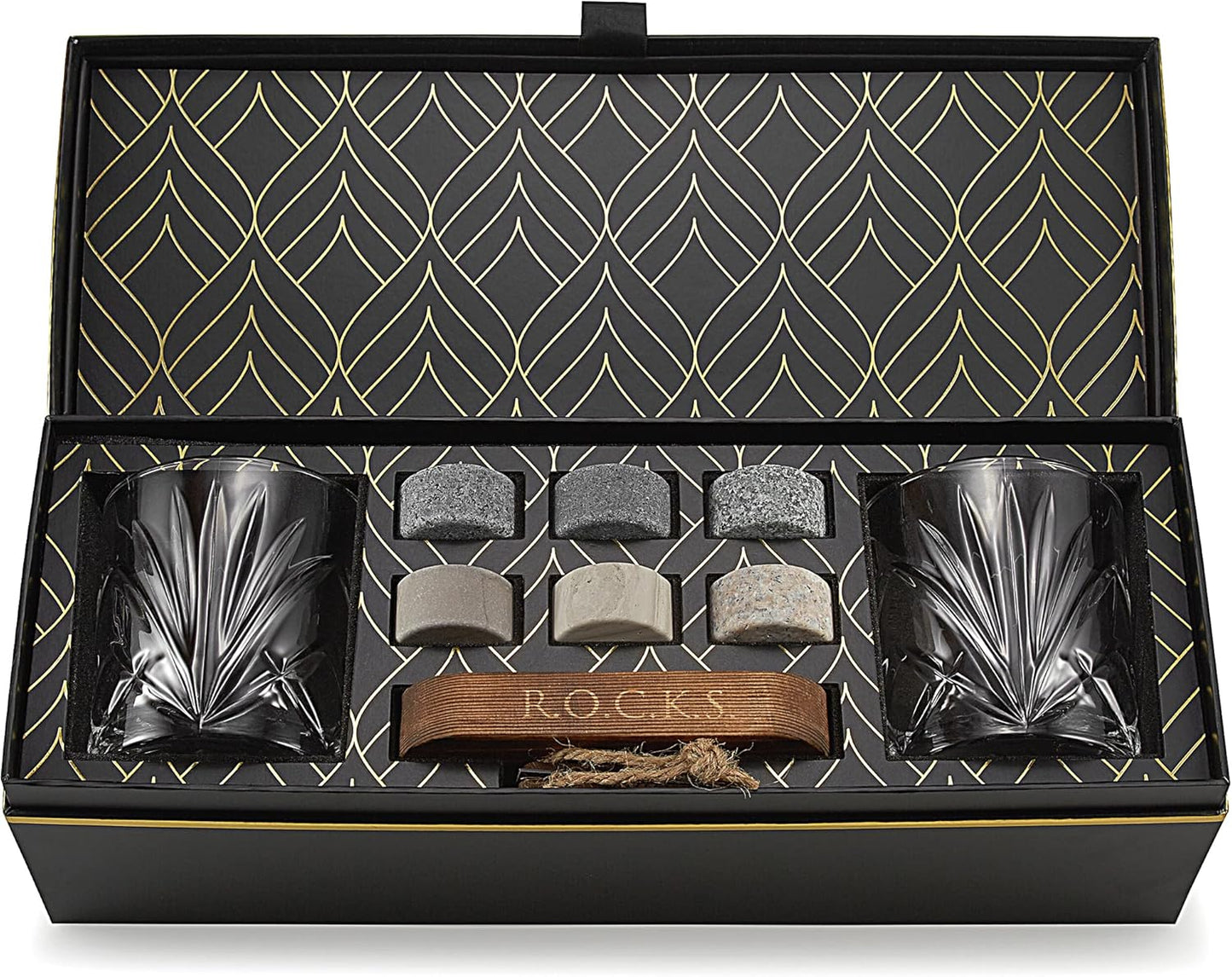 Whiskey Chilling Stones Gift Set - 6 Handcrafted Premium Granite Round Sipping Rocks - 2 Heavy Bourbon Glasses - Hardwood Presentation & Storage Tray - Elegant Gold Foil Gift Box by R.O.C.K.S.