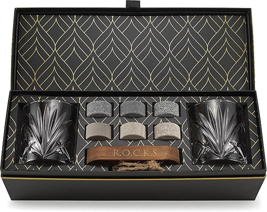 Whiskey Chilling Stones Gift Set - 6 Handcrafted Premium Granite Round Sipping Rocks - 2 Heavy Bourbon Glasses - Hardwood Presentation & Storage Tray - Elegant Gold Foil Gift Box by R.O.C.K.S.