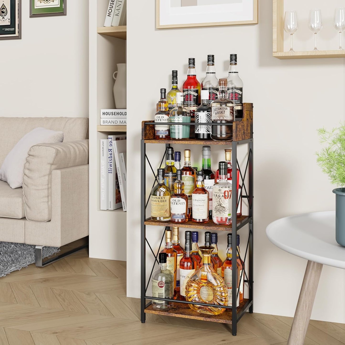 KLM Liquor Bottle Display Shelf, Coffee Syrup Rack Organizer, 3 Step Countertop Wine Rack, Mini Bar, Retro Bar Shelf Stand for Whiskey, Spirits.(Brown)