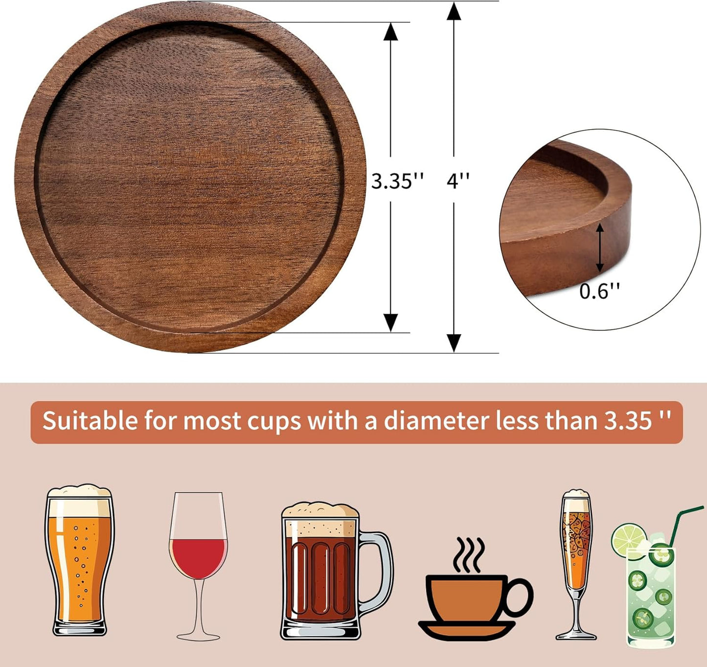 Wood Drink Coasters with Holder, Set of 4, Natural Absorbent Wooden Coasters for Drinks, Modern Rustic Farmhouse Office Bar Decor, Coffee Table Cup Coaster