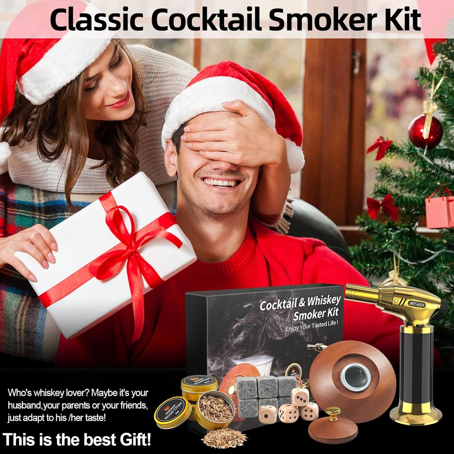 Cocktail Smoker Kit - Whiskey Smoker Kit with Torch,8 Flavors Wood Chips for Whiskey and Bourbon,Old Fashioned Smoker Set for Infused Cocktail,Cheese and Meats,Gifts for Men,Dad,Husband (NO Butane)