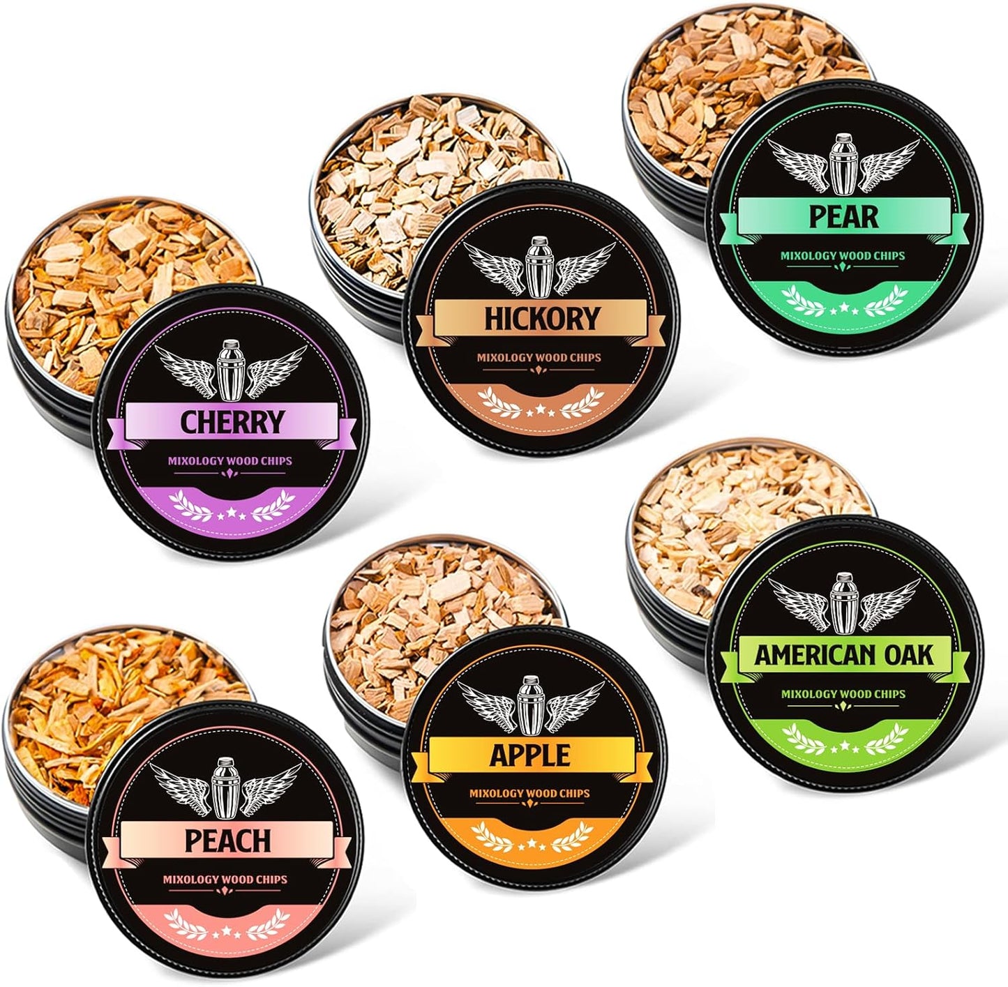 INSISART Whiskey Smoker Wood Chips, 6 Flavors Apple Cherry Oak Pear Peach Hickory, Natural Chips for Cocktails, Old Fashioned, Bourbon, Drinks, Food,Bar Accessory Gift for Men