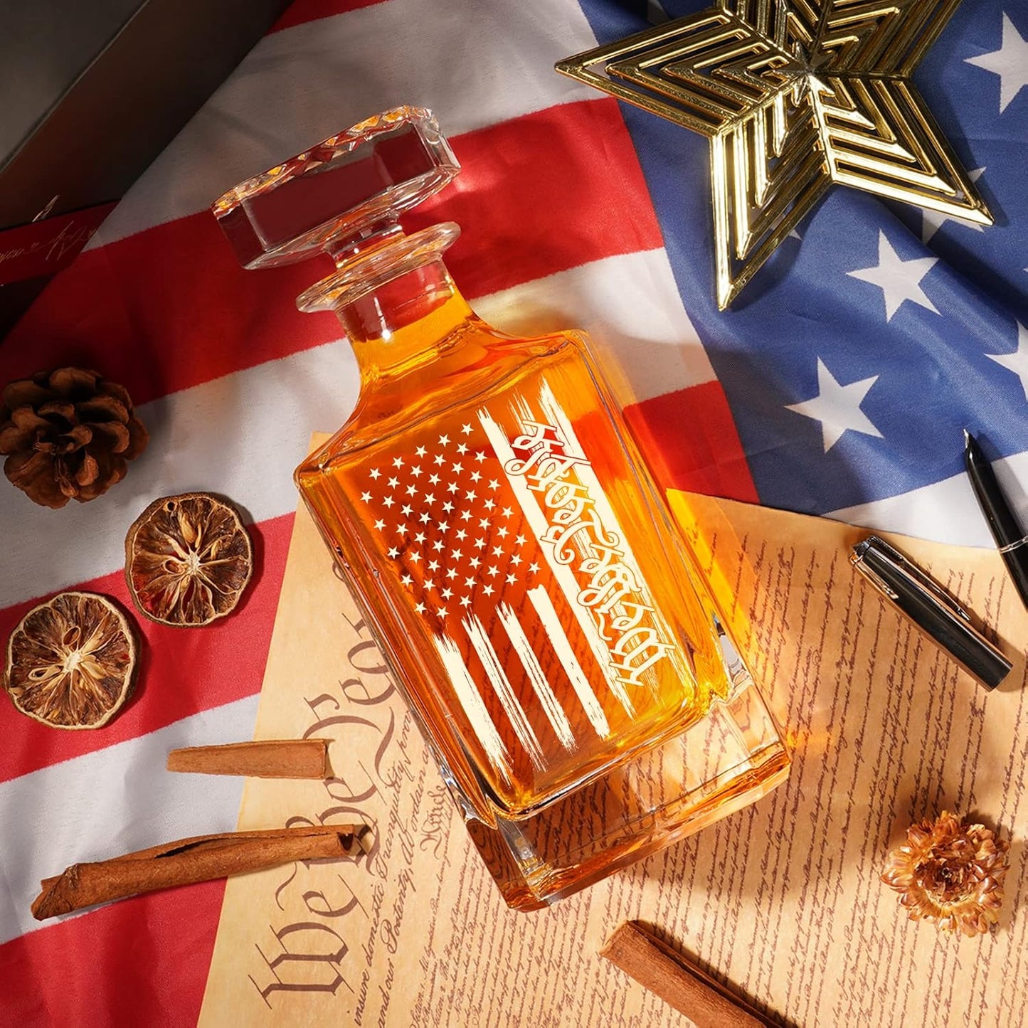 PONPUR 250th Anniversray Whiskey Decanter Engraved We The People American Flag, 750ml Whiskey Decanter Set with 2 Glasses, Boss Day Patriotic Birthday Gifts For Men Dad, Liquor Scotch Bourbon Presents