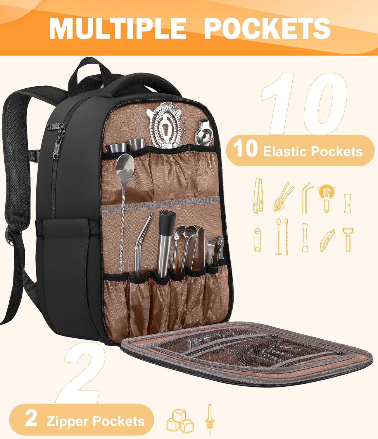 PEKREWS Bartender Bag, Travel Bartending Backpack for Carrying Bar Kit, Portable Bar Bag for Tools Set Storage Cocktail Shaker and Wine Bottle Carrier, Professional Mixology Gift (Backpack Only)
