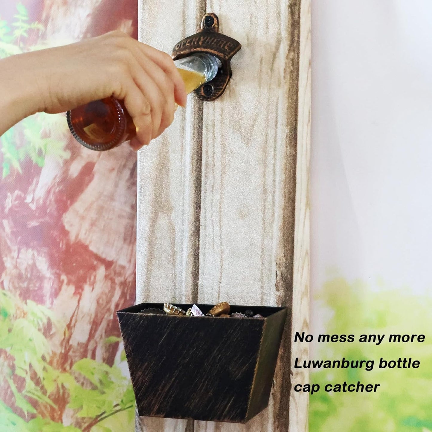 Cast Iron Beer Cap Opener Wall Mounted Bottle Opener with Cap Catcher Post Mounted (Aged Gold)