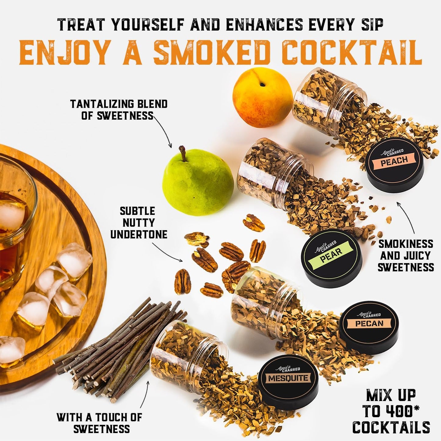 400 Cocktail Smoker Wood Chips - Combo Flavors Big Pack - Pear, Peach, Mesquite, Pecan - Whiskey Smoker Wood Chips for Bourbon, Rum & Cocktail Smoker Kits