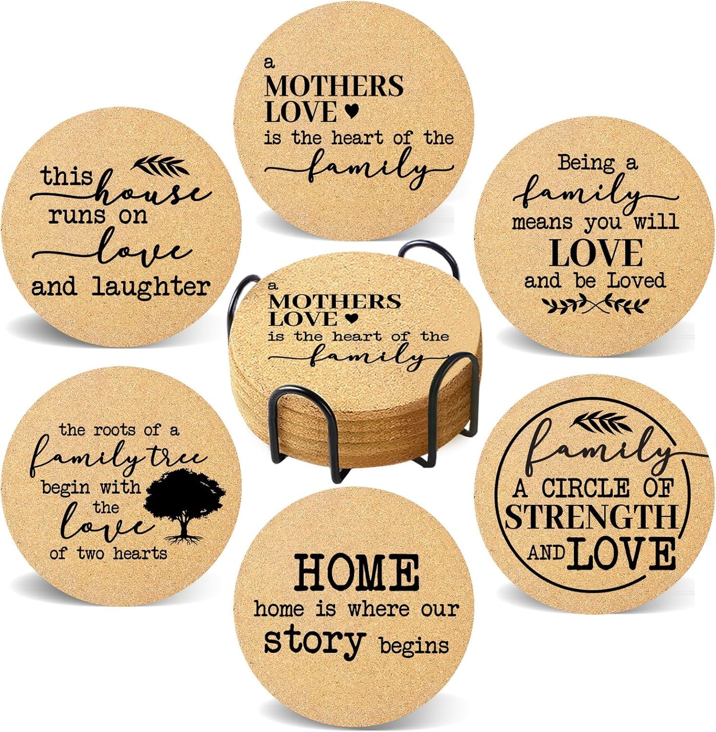 Coasters for Drinks with Holder Set of 6, Family Coasters Home&Love Coaster for New Home Couples House Warming Gifts Absorbent Cork Wood for Cup Desk Coffee Table Office Kitchen Decor, Round 4"