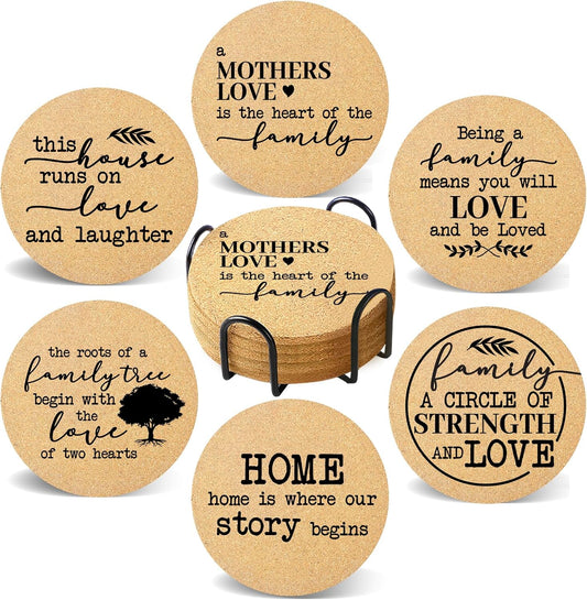 Coasters for Drinks with Holder Set of 6, Family Coasters Home&Love Coaster for New Home Couples House Warming Gifts Absorbent Cork Wood for Cup Desk Coffee Table Office Kitchen Decor, Round 4"
