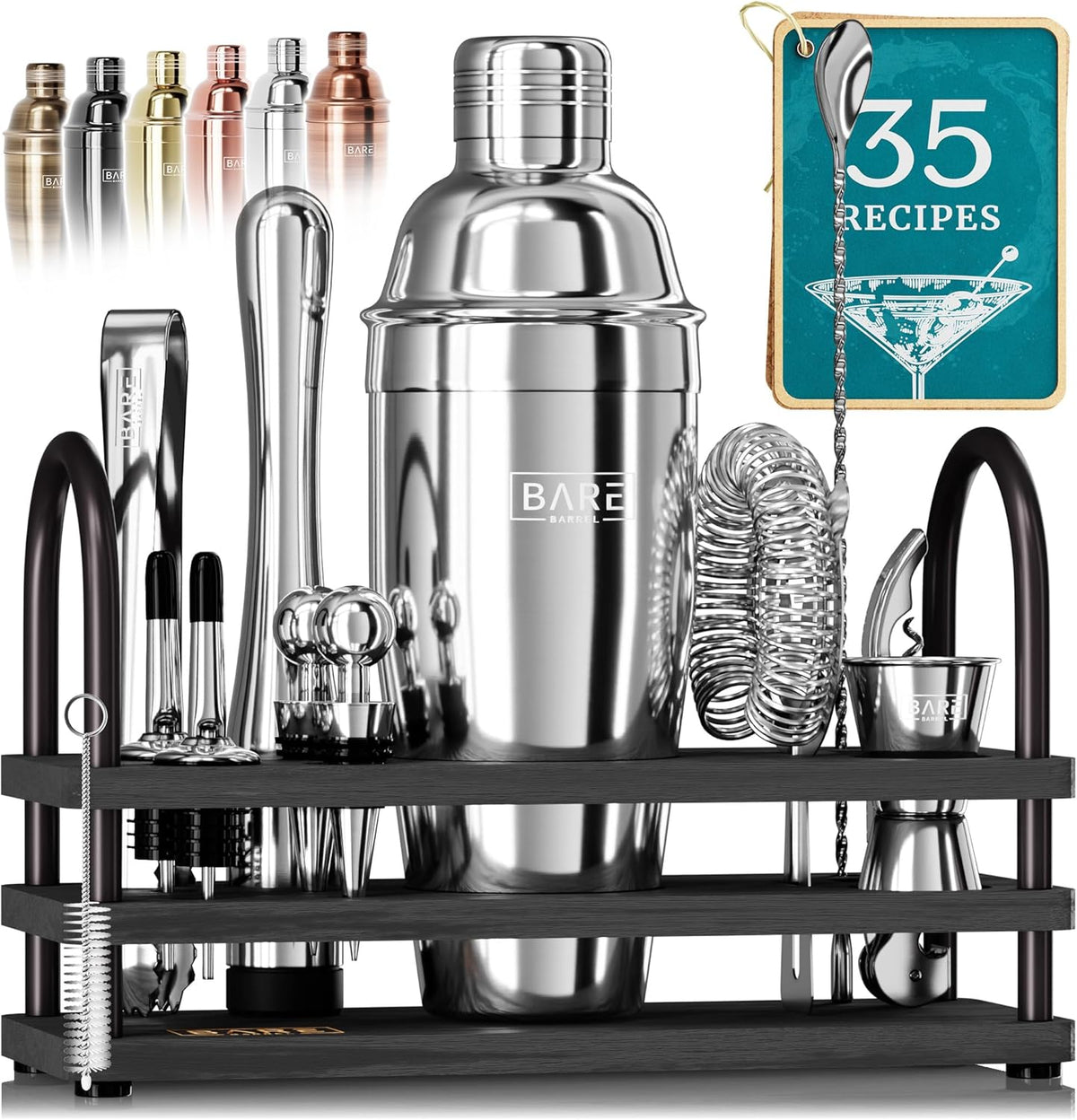 BARE BARREL® Mixology Bartender Kit Bar Set | 14-Piece Cocktail Shaker Set | Martini Barware Mixing Tools for Home Bartending | 35 Recipe Cards | Gift Set (24oz Cobbler Shaker, Gold/Black) - Silver/Black