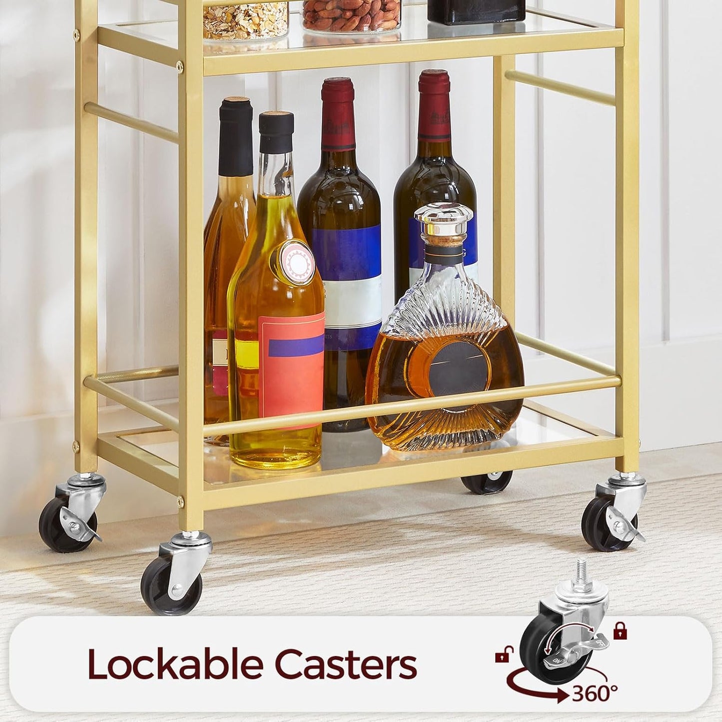 MAHANCRIS Bar Cart for The Home, 3-Tier Drink Cart on Wheels, Home Bar Serving Cart, Mini Bar Cart for Small Space, Kitchen, Dining Room, Gold RCJ40B01