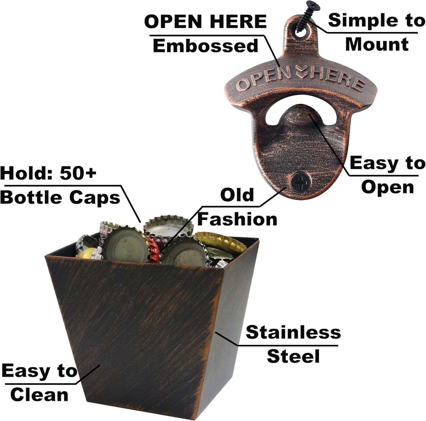 Rustic Beer Bottle Opener with Cap Catcher Wall Mounted Soda Top Opener and Cap Holder Antique Copper