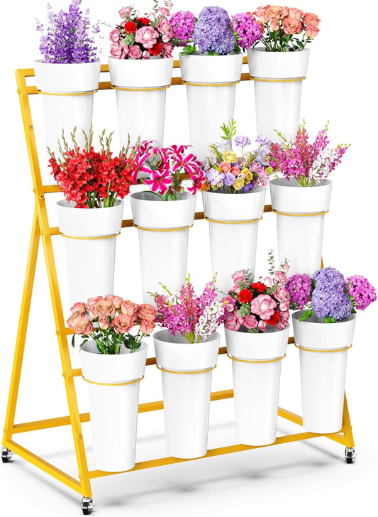 Asee'm Flower Display Stand with Buckets, 3 Layer Metal Flower Bar Stand, Heavy Duty Flowers Cart Display with Wheels Moving Plant Bouquet Shelf for Indoor Outdoor Patio Decor Terrace Wedding Gold