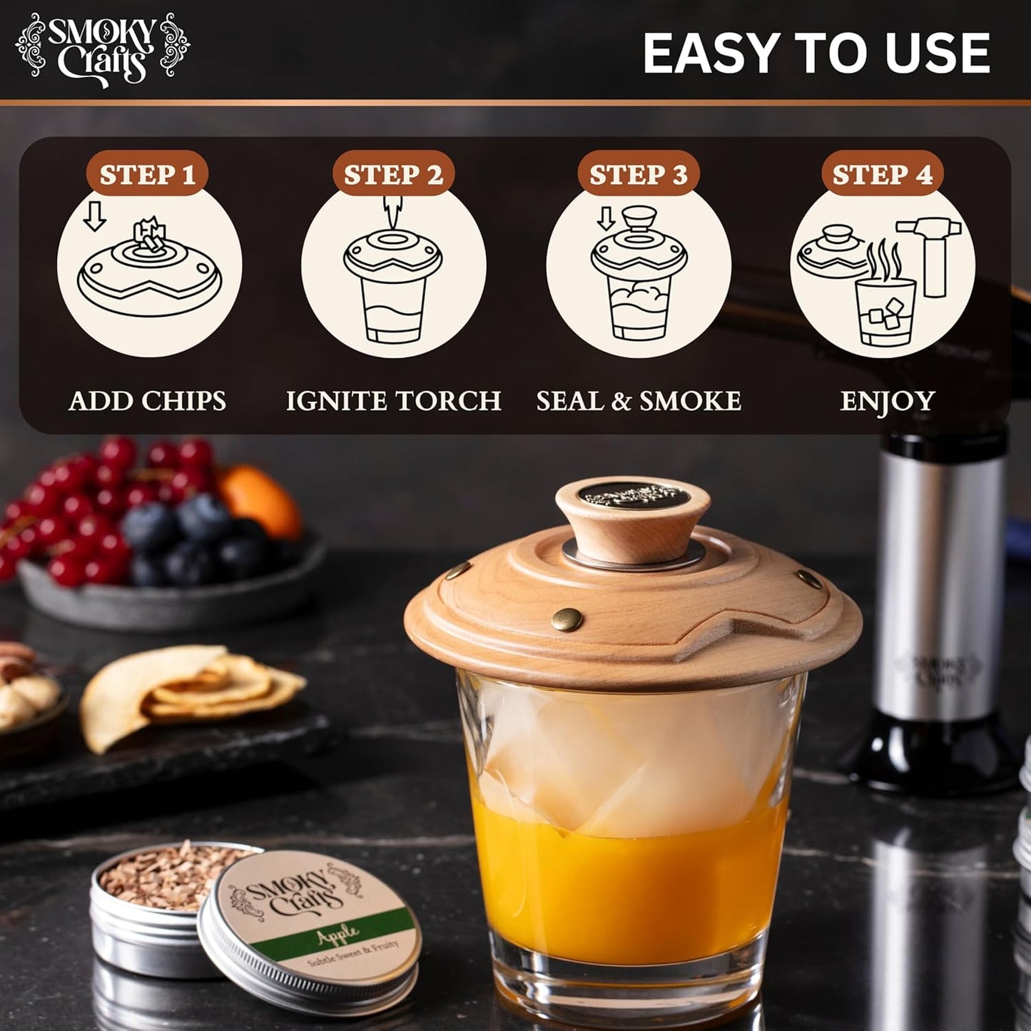 Smoky Crafts Cocktail Smoker Kit with Torch - Whiskey Smoker Kit comes with UFO-Shaped Smoke Infuser, Culinary Torch, Cotton Bag and Wood Chips (Apple & Cherry) - Gifts for Men (Without Butane)