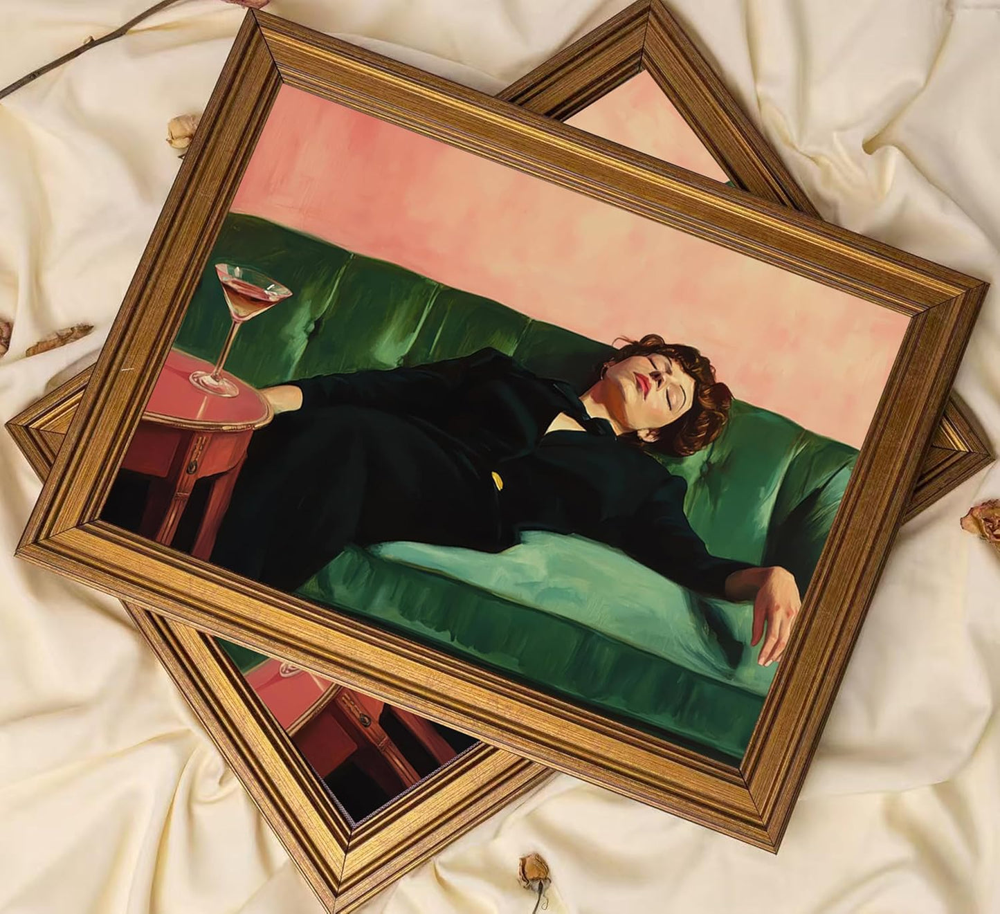 Vintage Gold Framed Bar Wall Art, Victorian Woman and Man on Couch with Martini Oil Painting Canvas Prints, Eclectic Cocktail Picture, Trendy Bar Cart Decor Poster Artwork for Kitchen Dining Room
