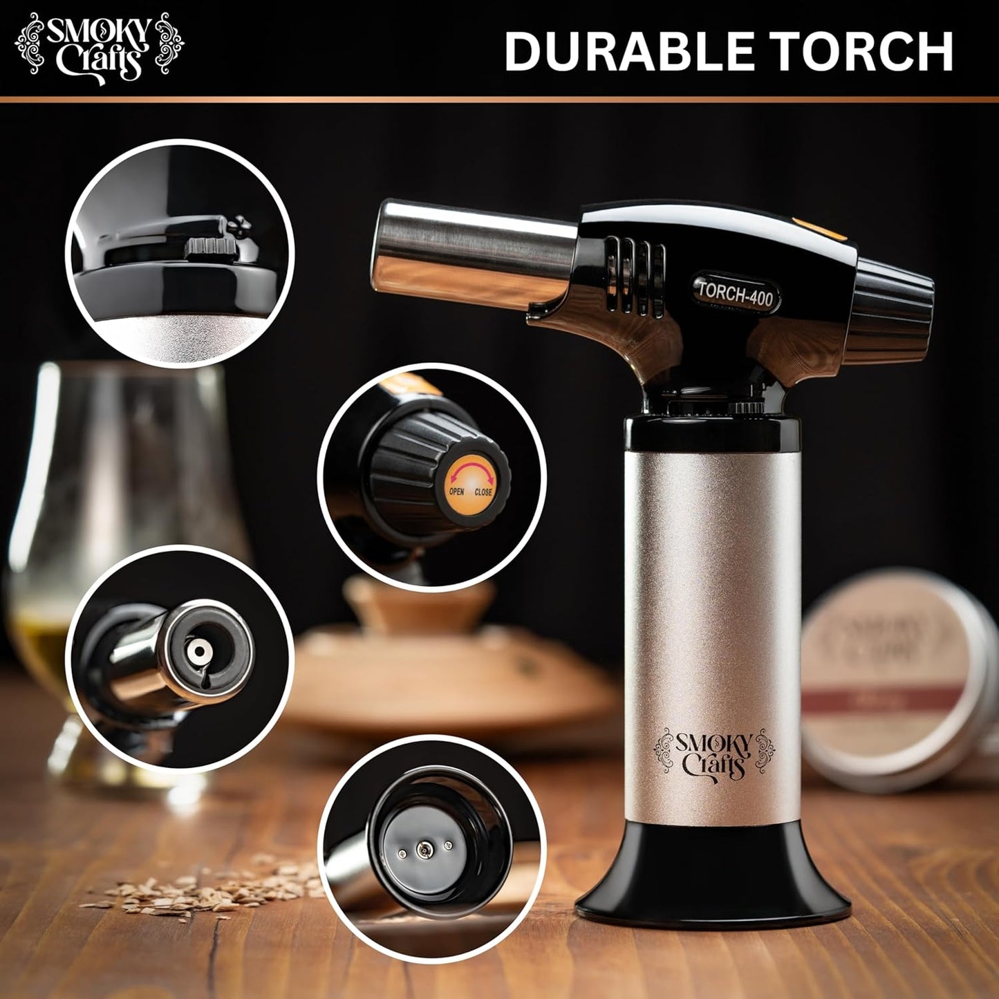 Smoky Crafts Cocktail Smoker Kit with Torch - Whiskey Smoker Kit comes with UFO-Shaped Smoke Infuser, Culinary Torch, Cotton Bag and Wood Chips (Apple & Cherry) - Gifts for Men (Without Butane)