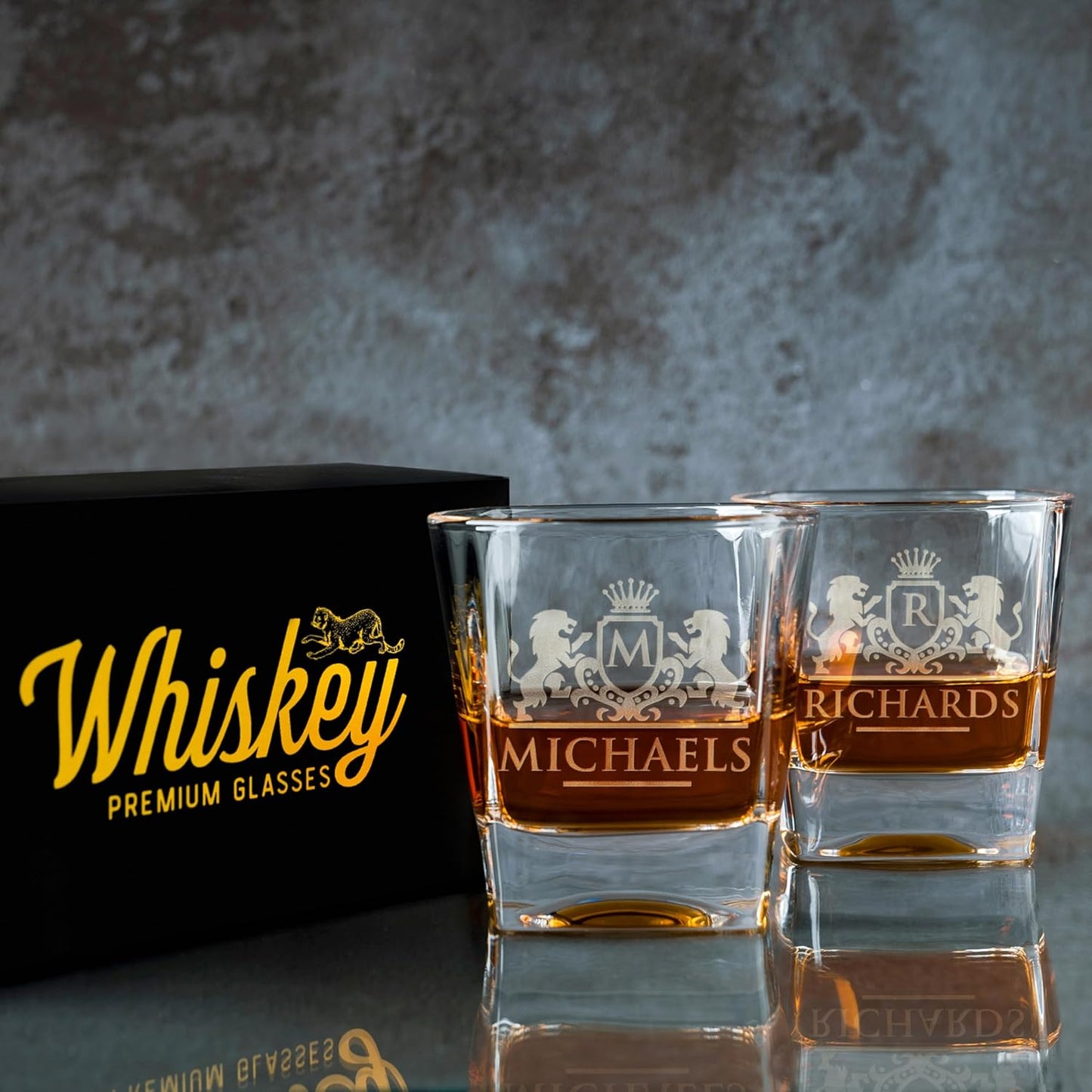 Amazing Items Set of 4 - Whiskey Gifts for Men, Personalized Whiskey Glasses w/Name & Initial - 9 Designs - 9 oz, Limited Edition Monogrammed Rocks Glasses, Dad Gifts