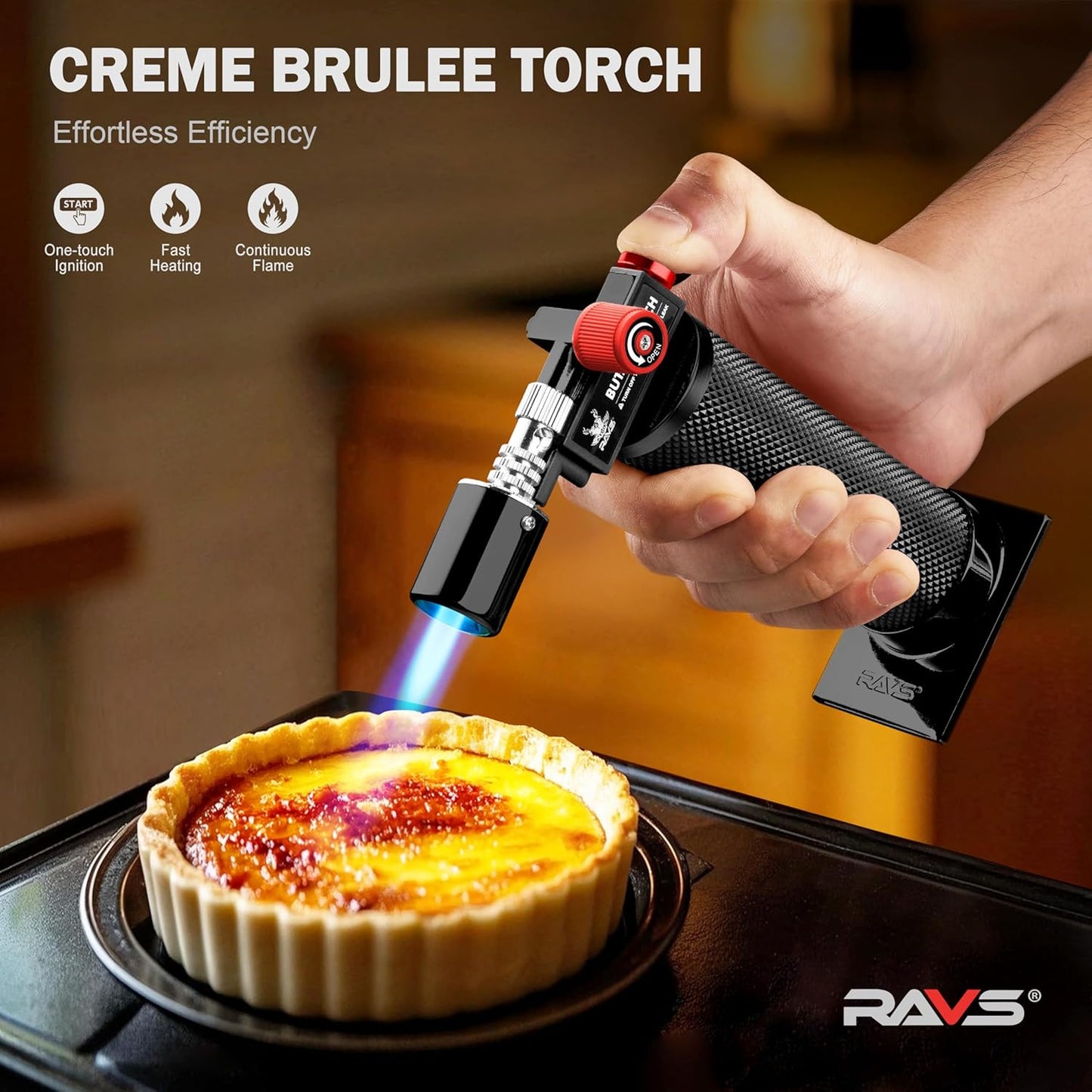 RAVS Butane torch, Kitchen Torch Lighter with Adjustable Flame & Safety Buckle, Creme Brulee Torch for Cooking, Dessert, Baking, Gifts for Men and Women (Black/Red), Butane Gas Not Included