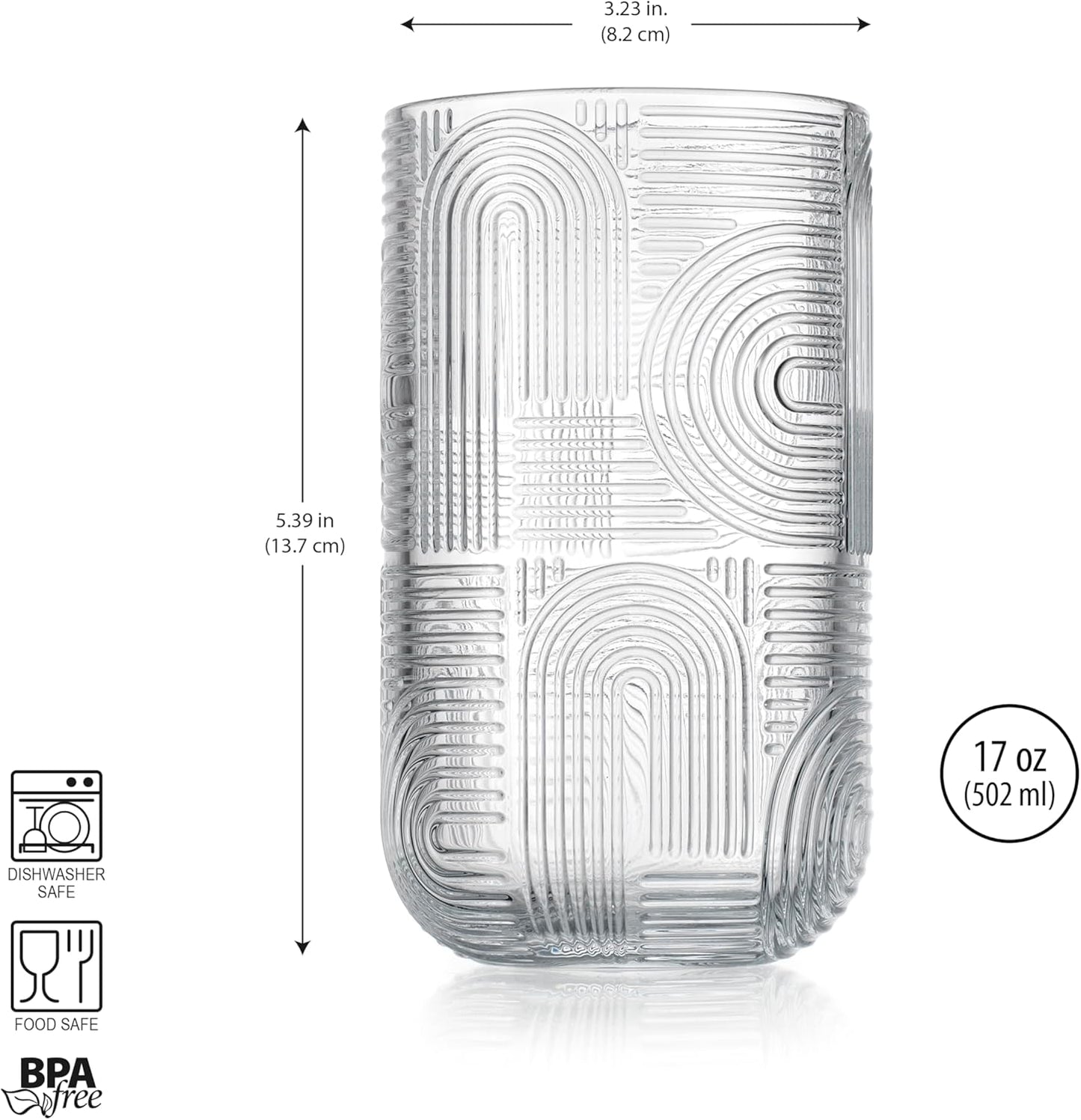 Glaver's Drinking Glasses, Highball Glasses, 17 Ounce Thick Embossed Designed, Set of 4 Clear Kitchen Glassware For Everyday Elegant Serving Coolers, Urban Pattern Modern Drinking Glasses