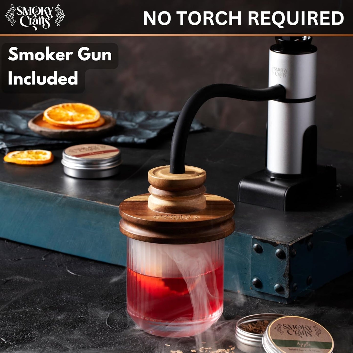 Smoky Crafts Whiskey Smoker Kit with Updated Smoke Gun, Acacia Wood Top and Wood Chips (Apple & Cherry) - Old Fashioned Smoker Kit