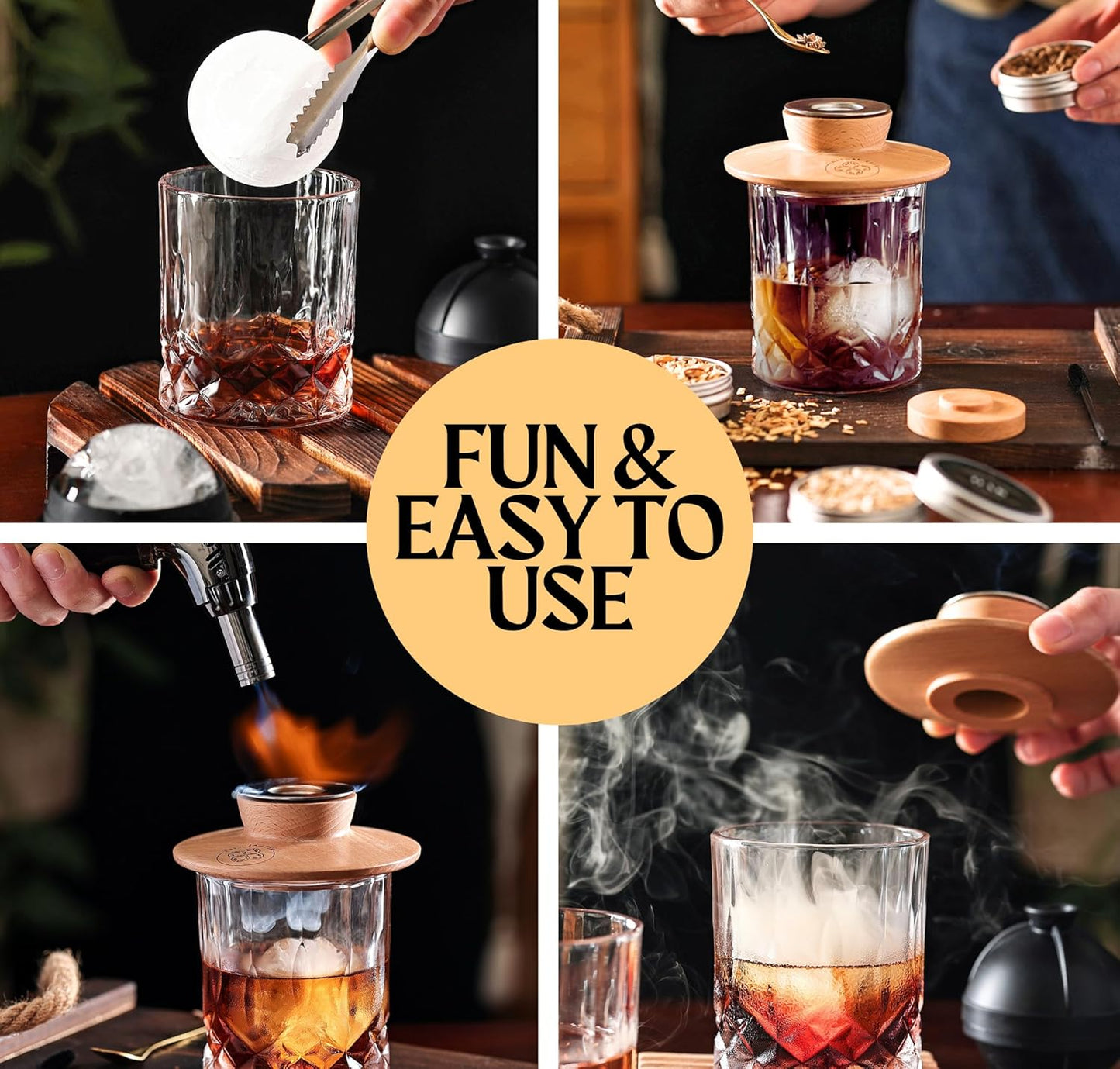 Cocktail Smoker Kit - Whiskey Bourbon Drink Smoker with Torch, Custom Top, 2 Ice Ball Makers, 6 Flavors Wood Chips, Extra Filter - Smokers for Whiskey Drinks - Cocktail Drink Smoking Kit