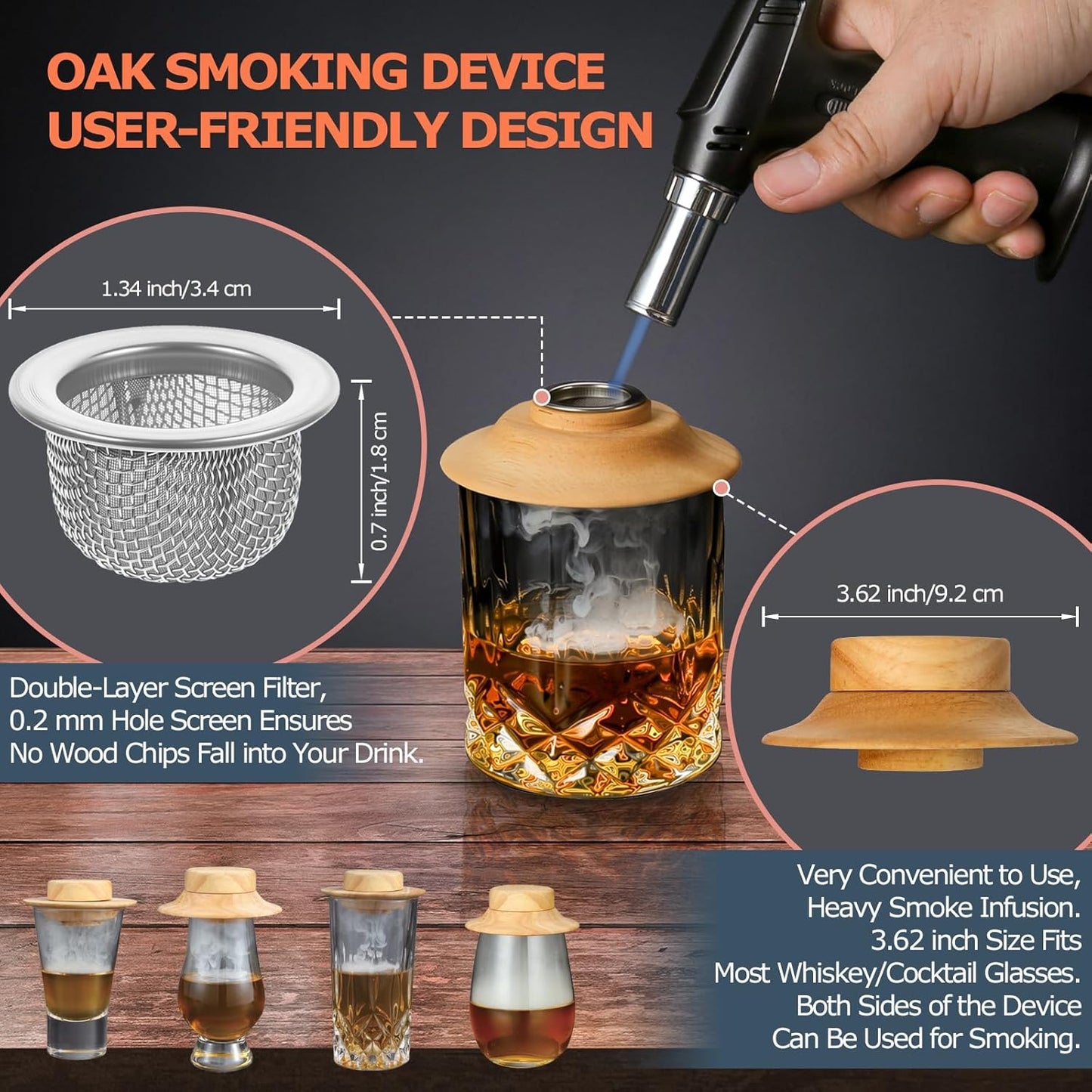 HMYBAR®26pcs Whiskey Smoker Kit with Torch | Cocktail Smoker Infuser Kit | Old Fashioned Drink Smoker Kit | Bourbon Whiskey Gift.Great Gift for Dad, Husband. Bamb Stand Natural Color. (No Butane)
