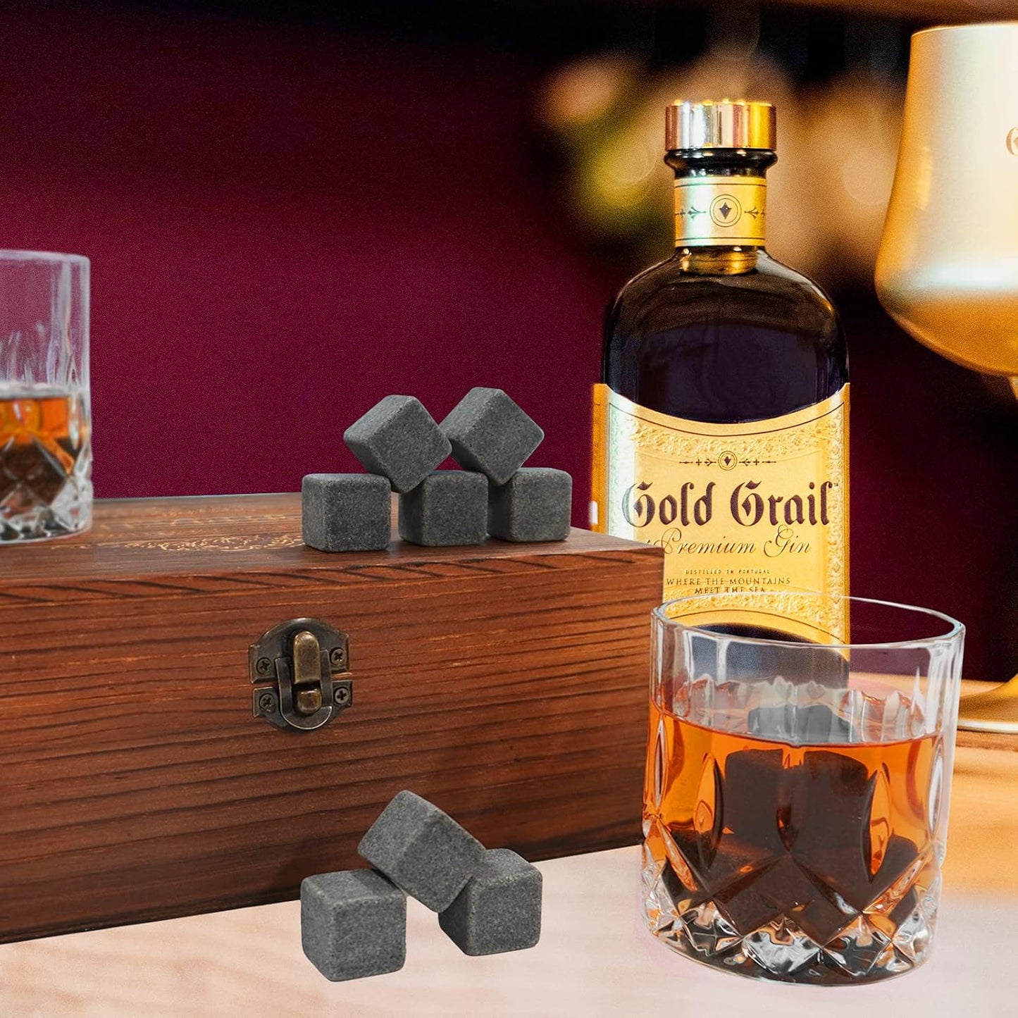 Whiskey Stones Gift Set,Whiskey Glasses Set 8 Granite Chilling Whisky Rocks, 2 Bourbon Glasses,Best Drinking Gifts for Men Dad Husband Birthday Anniversary Present，Plus 2 Free Coasters.