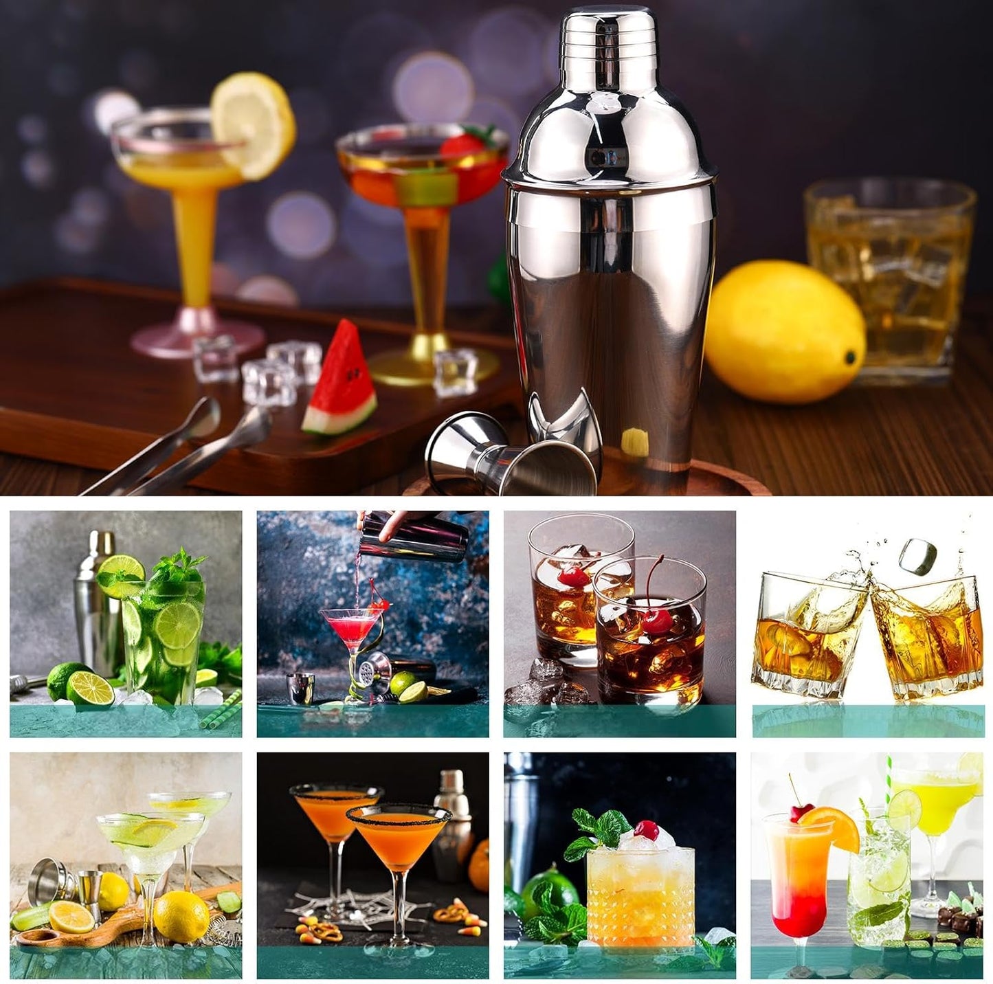Umigy Cocktail Shaker Set Martini Shaker Bulk Stainless Steel Martini Mixer with Strainer and Double Measuring Jigger for Bar Party Home Use Wine Bar(18 Oz/ 550 ml,4 Packs)