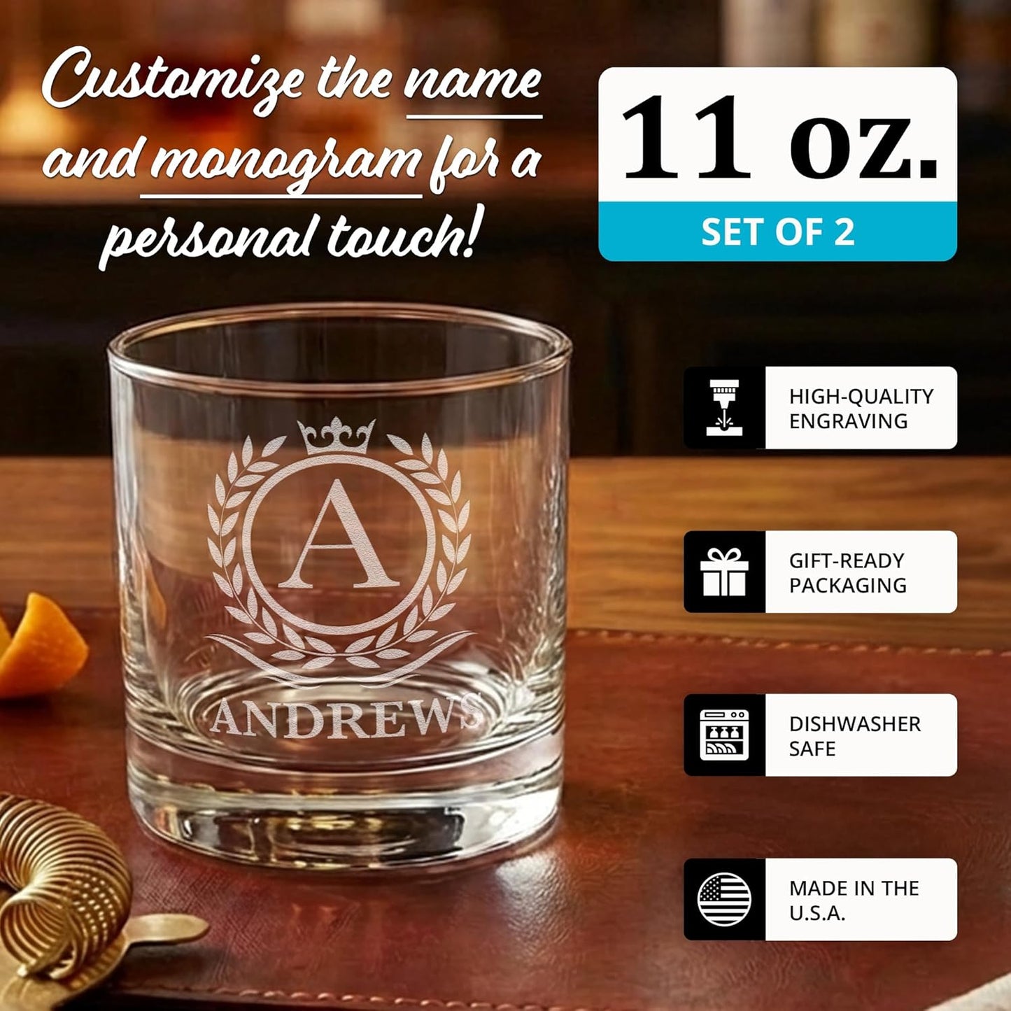 On The Rox Personalized Whiskey Glasses Set of 2 – Engraved Monogram Bourbon Scotch Groomsmen Dad Gift for Men – Custom Initial Name Old Fashioned Birthday Rocks Glasses (2)