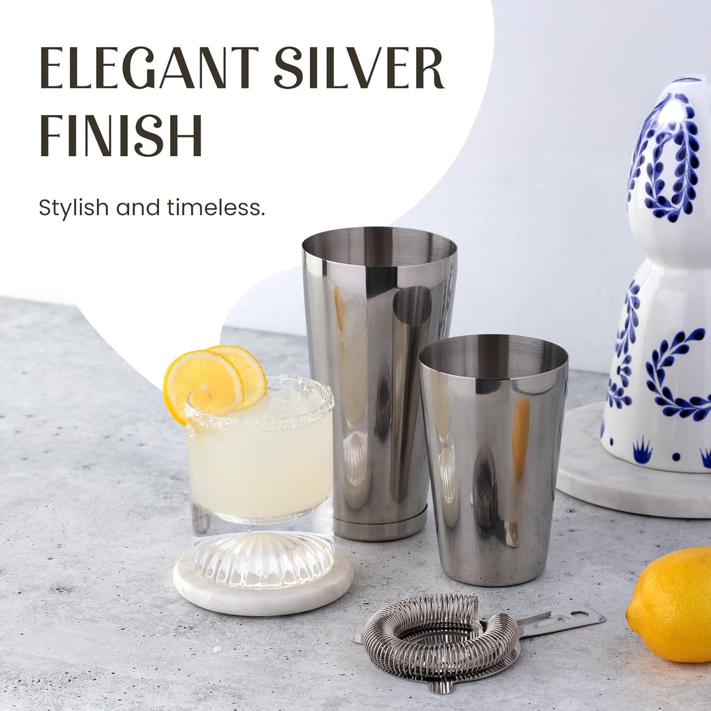 Mixology & Craft Boston Shaker Set with Weighted Martini Mixers, Strainer, Japanese Jigger, Leak-Proof Silver Finish, Exclusive Recipe Cards – Ideal Bar Tools Gift for Home Or Professional Use