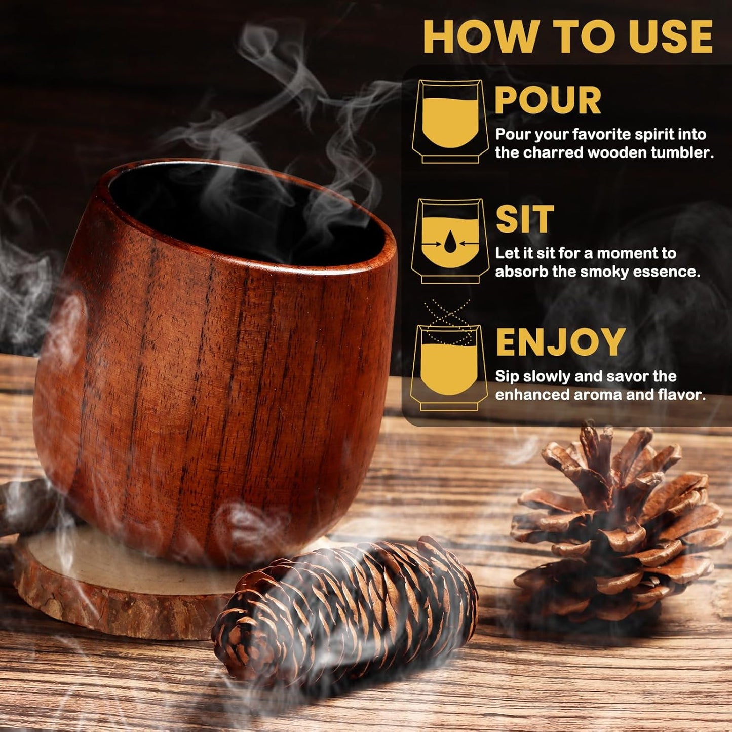 BearSkill Charred Wooden Bourbon Drinking Glass, Whiskey Tumbler, Bourbon Gifts for Men - Wooden Old Fashioned Glass | Great Whiskey Gifts for Men