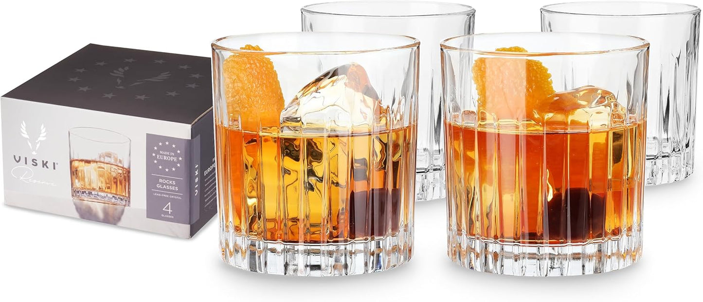 Viski Reserve Milo Crystal Old Fashioned Rocks Glasses, European Crafted Whiskey Glasses for Bourbon, Scotch, Cocktails, Barware Gifts for Men, Man Cave Essentials, Home Bar Glassware, 12 oz, Set of 4
