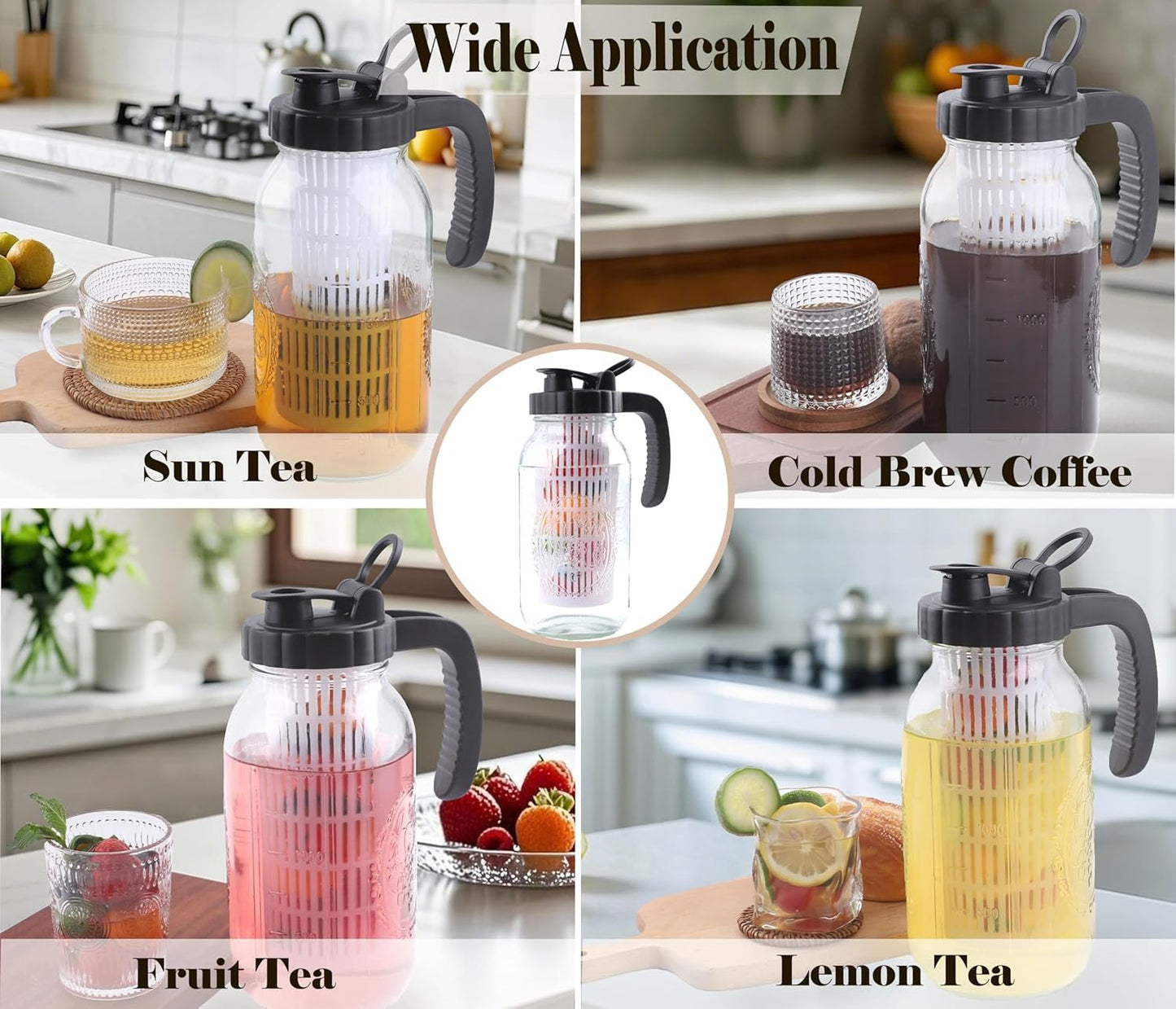 64 Oz Glass Mason Jar Water Pitcher With Infuser Half Gallon Mason Jug Carafe Wide Mouth 2 Quart Pitcher With Lid For Cold Hot Tea Coffee Lemonade beverage Breast Milk Juice Container For Fridge