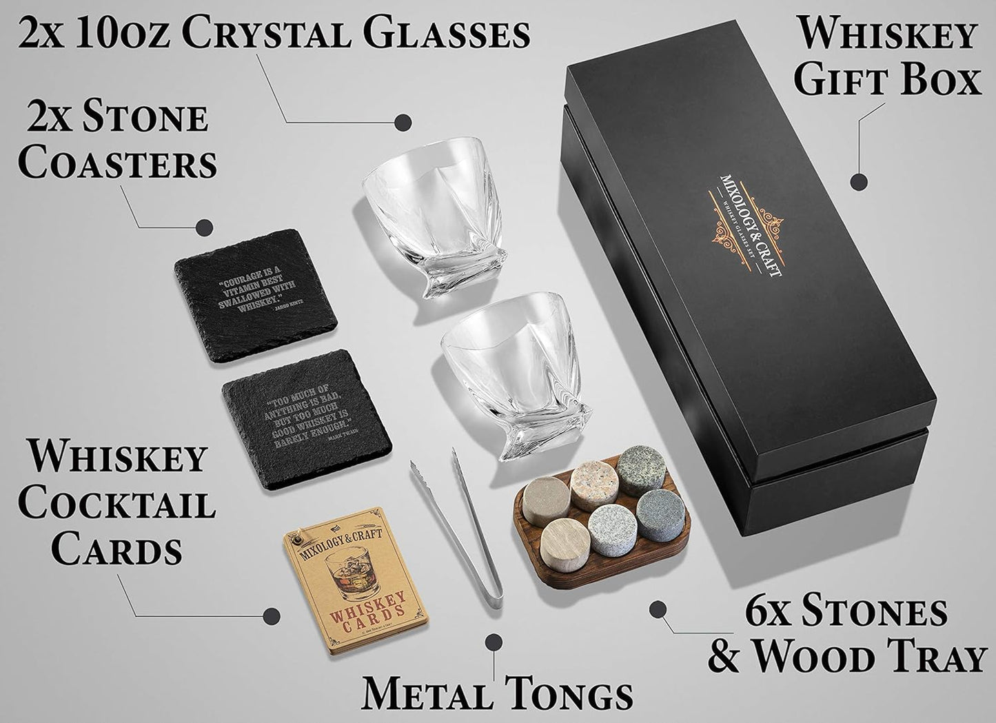 Mixology & Craft Whiskey Glass and Stone Gift Set – Two 10oz Lead-Free Crystal Glasses, 6 Chilling Stones, 2 Slate Coasters, Recipe Cards, Premium Black Case, Perfect for Celebrations, Anniversaries