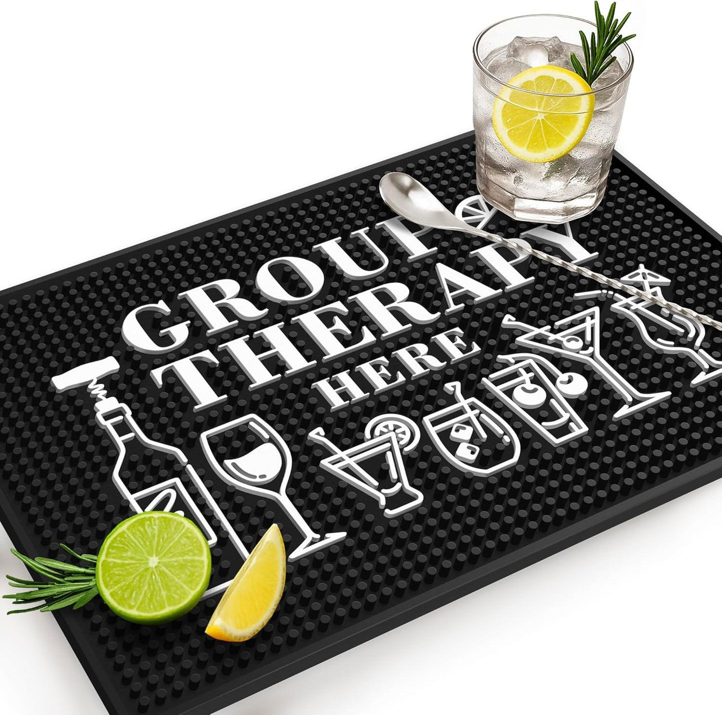 Group Therapy Bar Mat – Heavy Duty 18"x12" Rubber Bar Mats for Countertop, Non-Slip Bartender & Spill Mat for Home Bar, Funny Bar Gifts